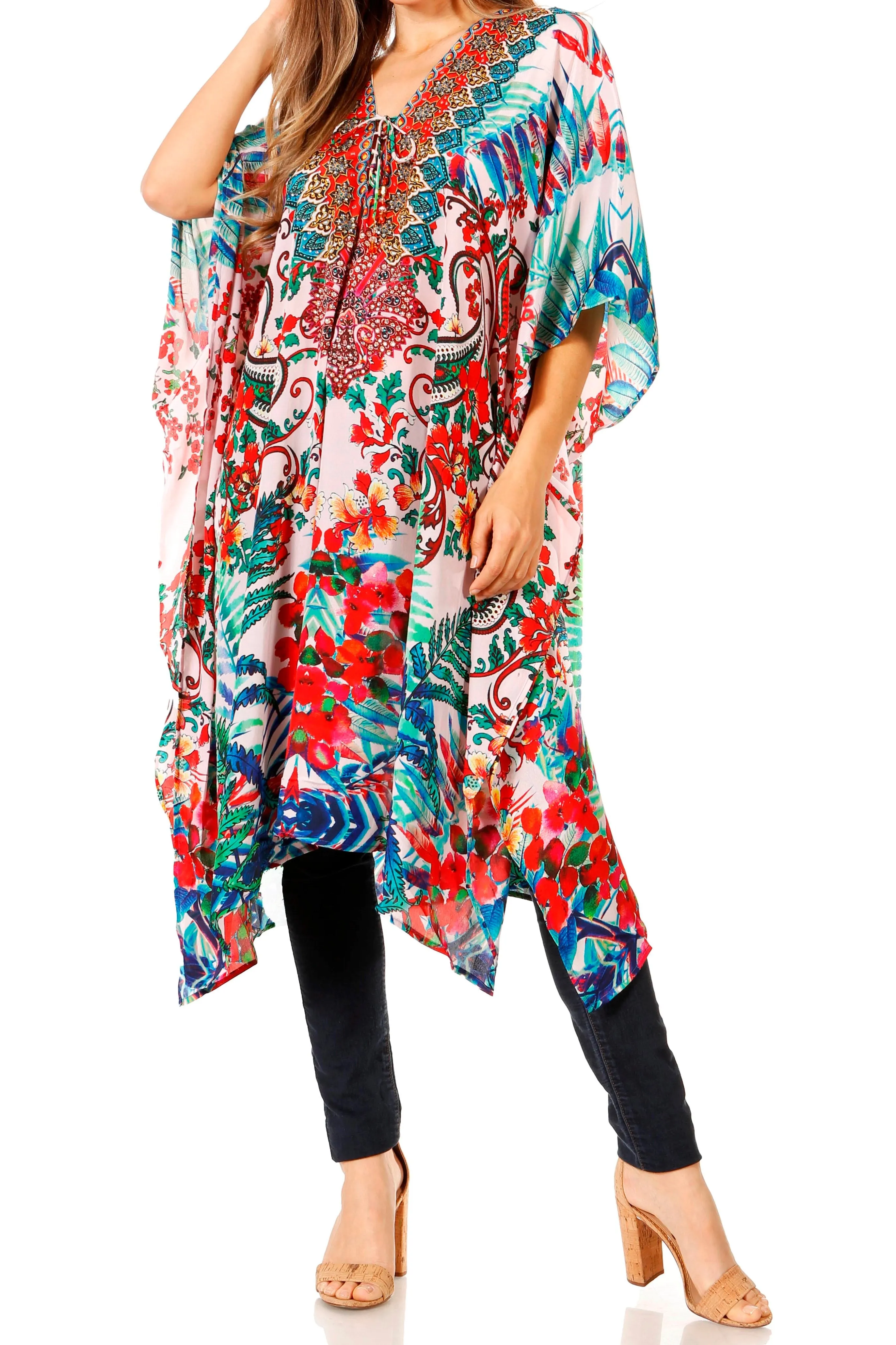 Sakkas Zeni Women's Short sleeve V-neck Summer Floral Print Caftan Dress Cover-up