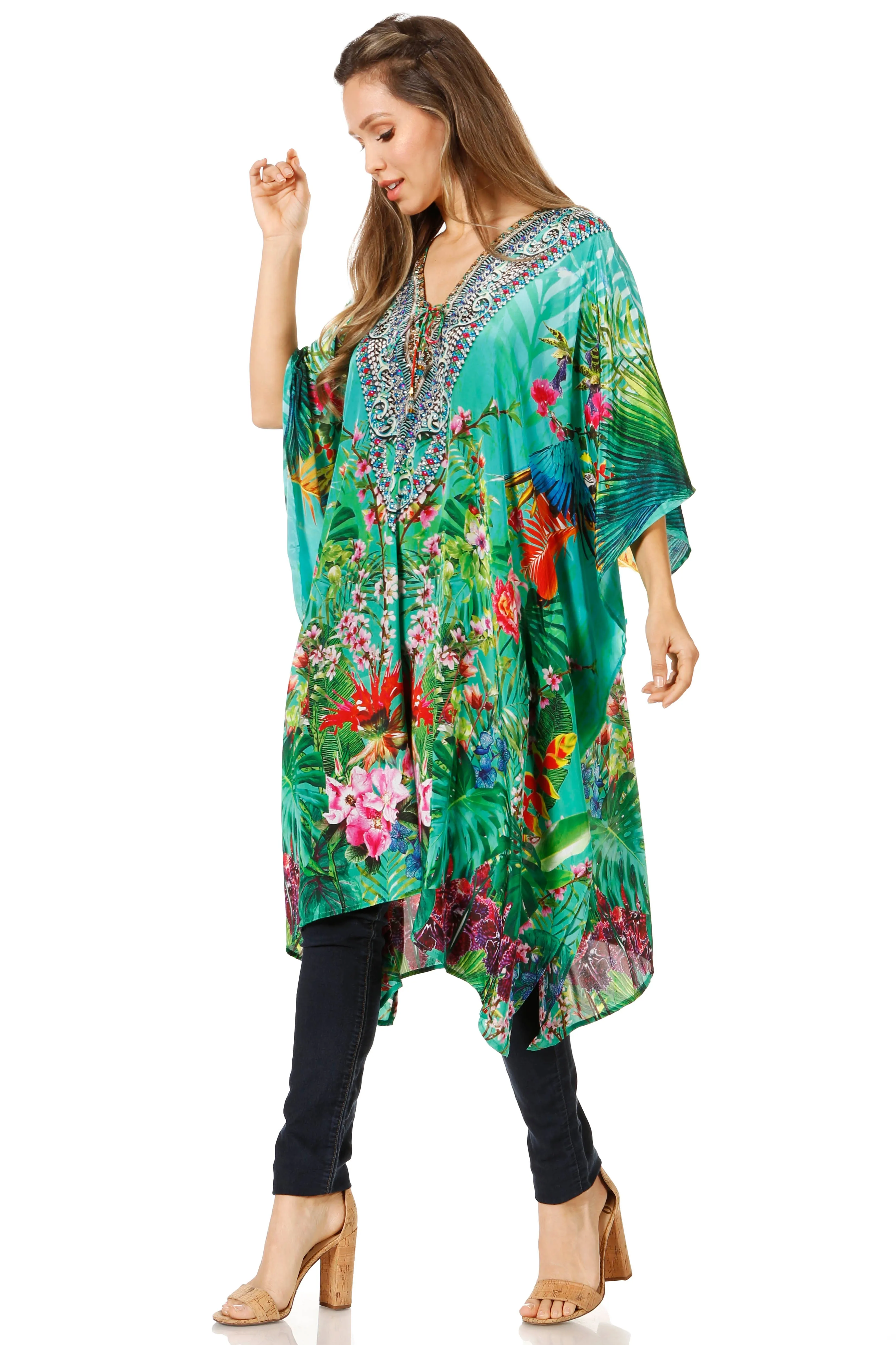 Sakkas Zeni Women's Short sleeve V-neck Summer Floral Print Caftan Dress Cover-up