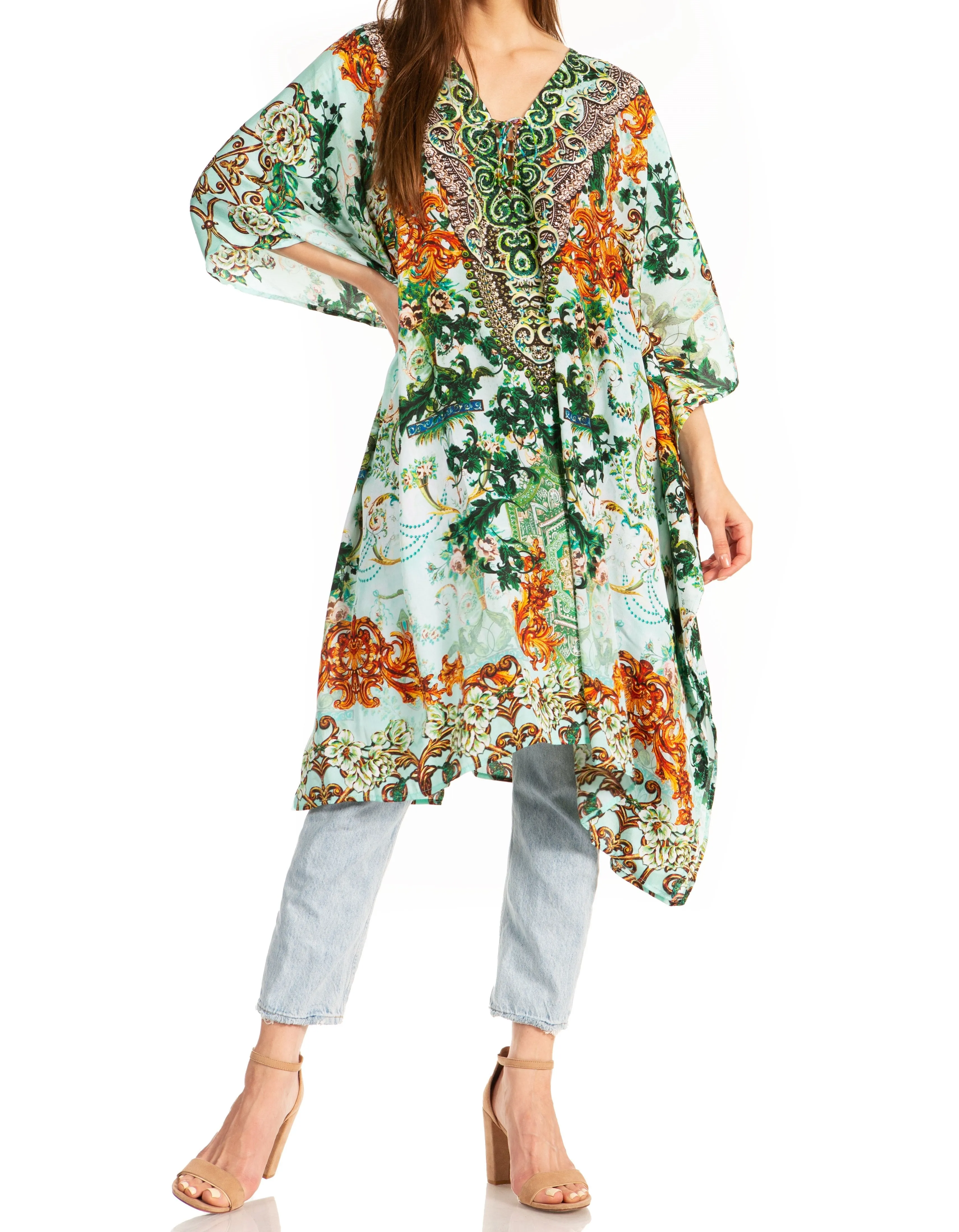 Sakkas Zeni Women's Short sleeve V-neck Summer Floral Print Caftan Dress Cover-up