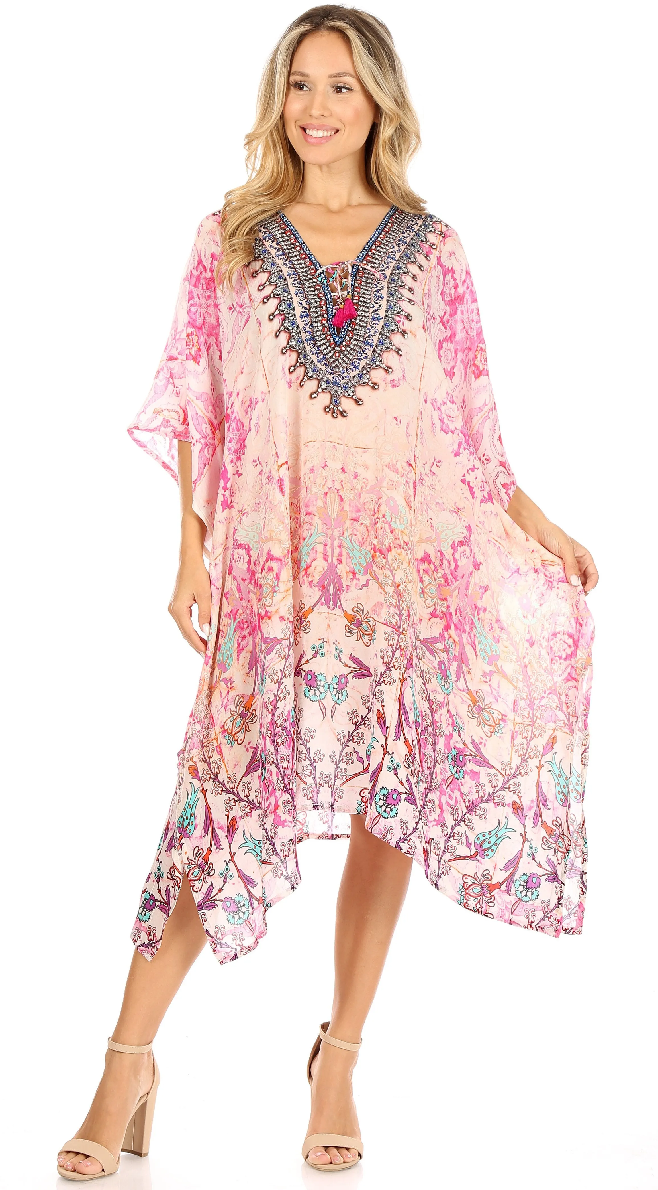 Sakkas Zeni Women's Short sleeve V-neck Summer Floral Print Caftan Dress Cover-up