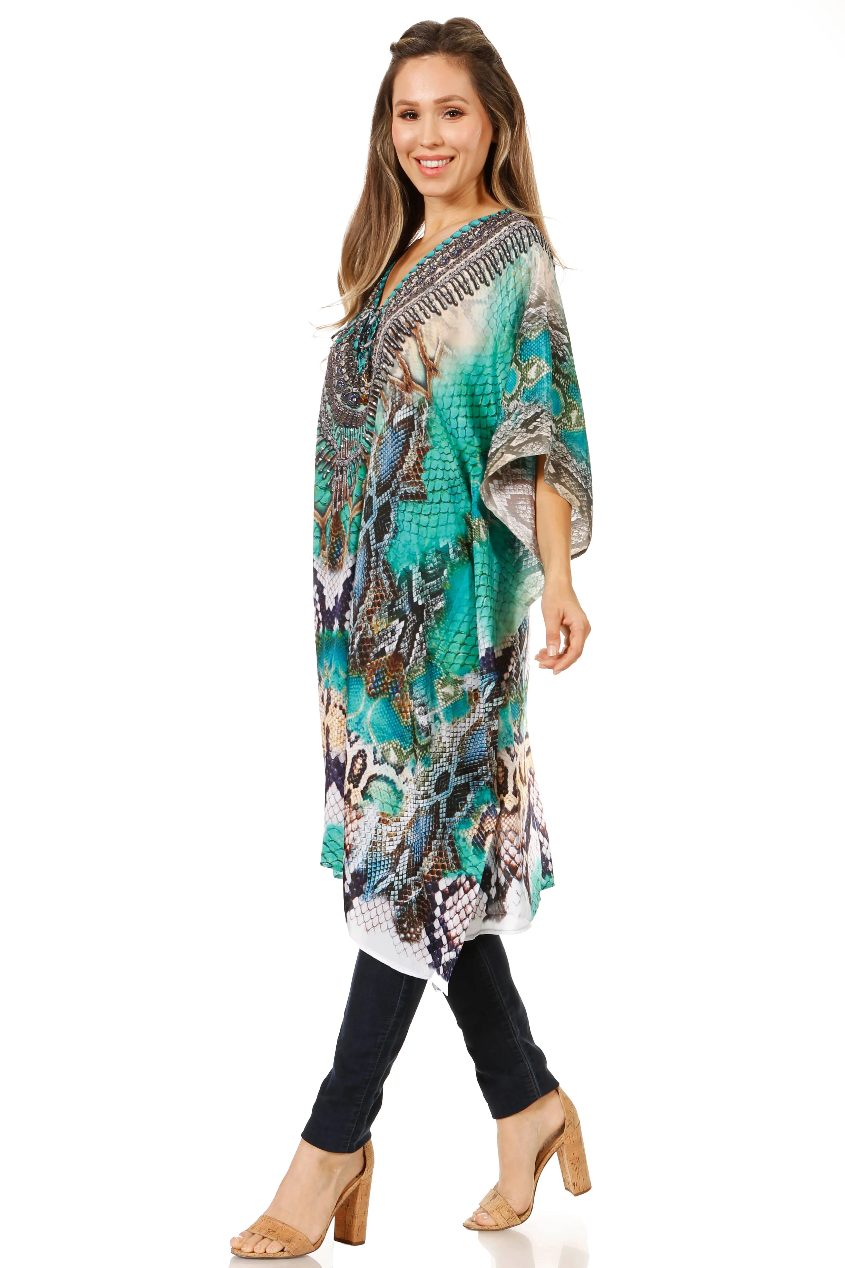 Sakkas Zeni Women's Short sleeve V-neck Summer Floral Print Caftan Dress Cover-up