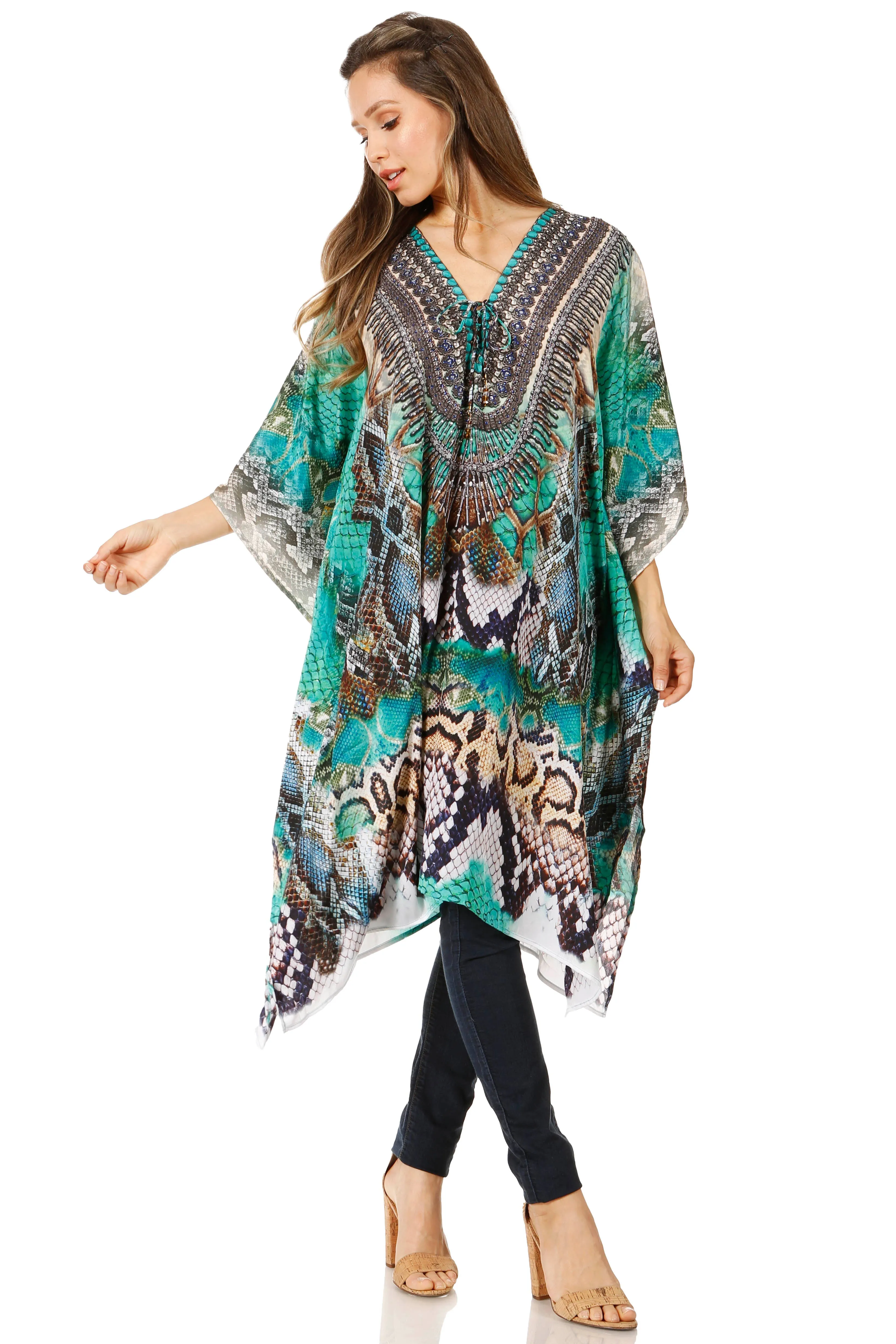 Sakkas Zeni Women's Short sleeve V-neck Summer Floral Print Caftan Dress Cover-up