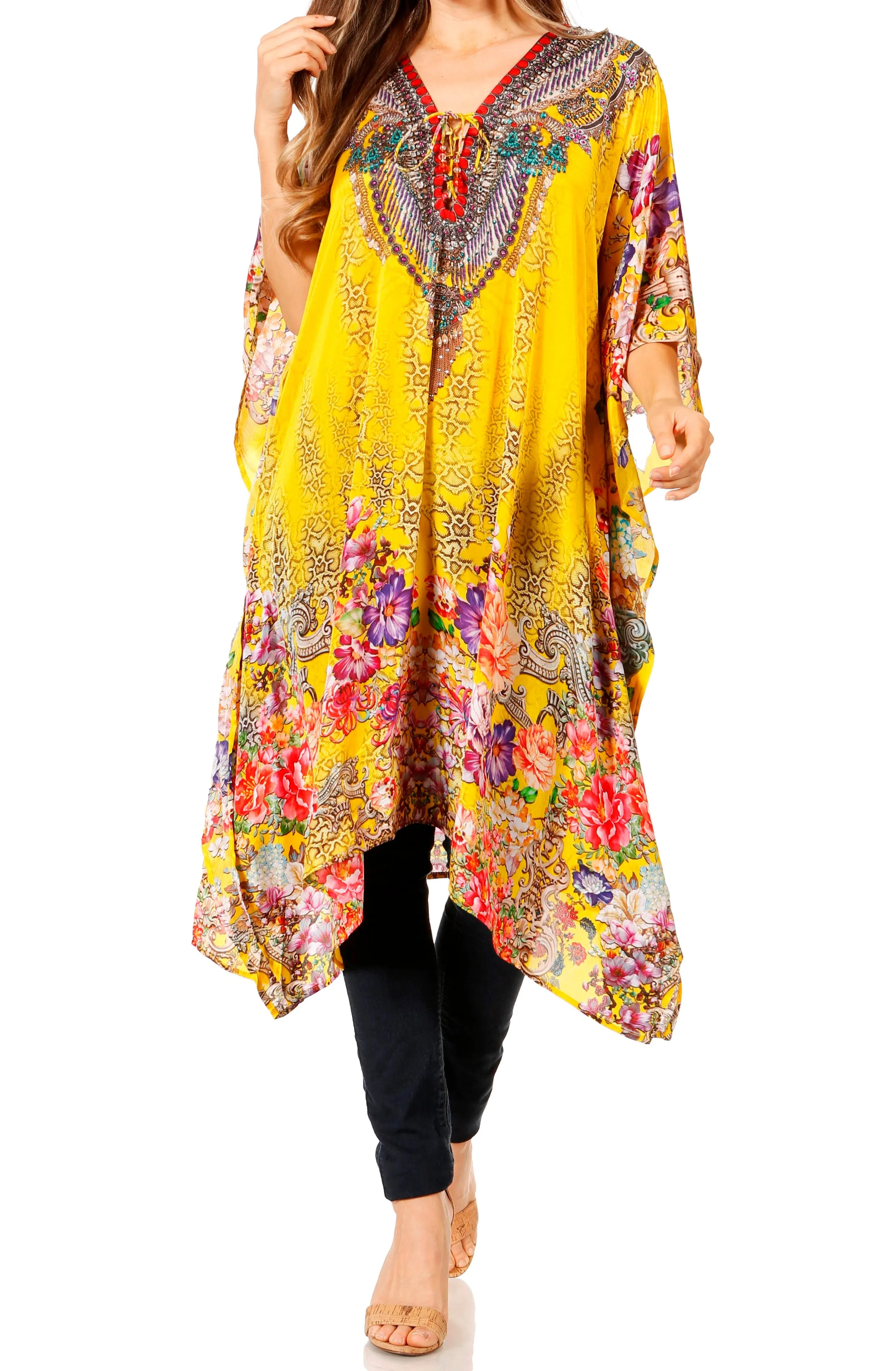 Sakkas Zeni Women's Short sleeve V-neck Summer Floral Print Caftan Dress Cover-up