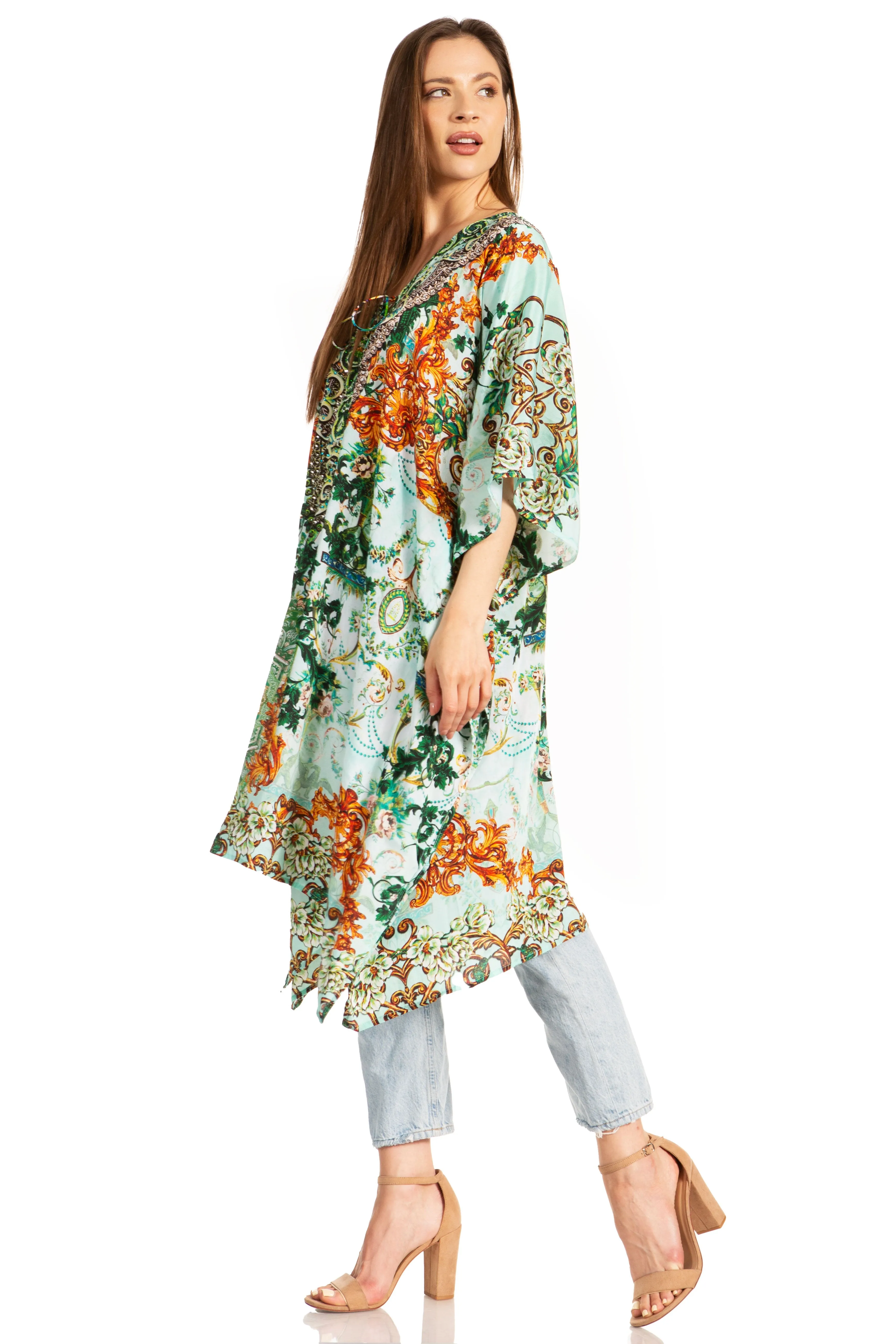 Sakkas Zeni Women's Short sleeve V-neck Summer Floral Print Caftan Dress Cover-up