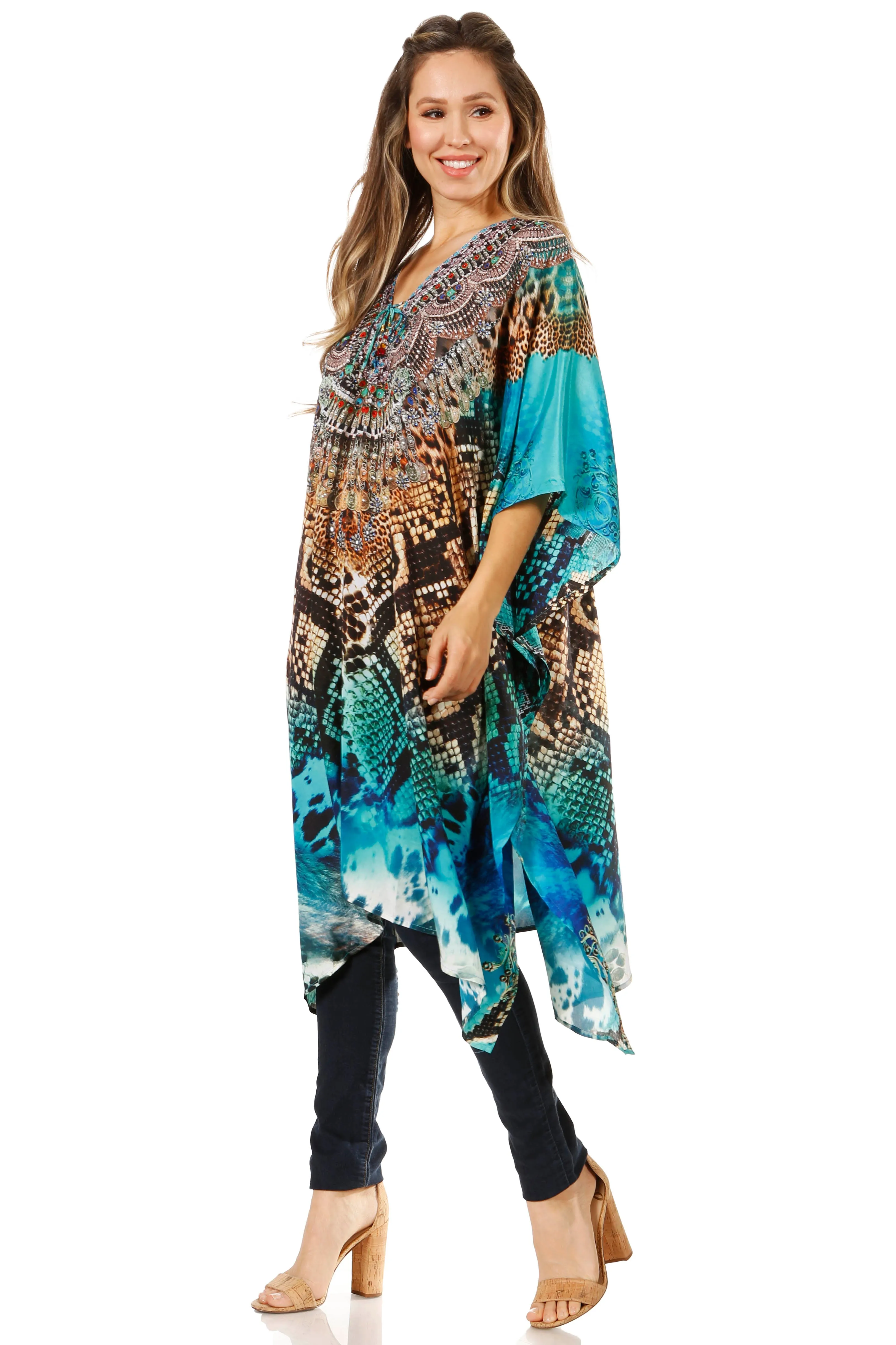 Sakkas Zeni Women's Short sleeve V-neck Summer Floral Print Caftan Dress Cover-up