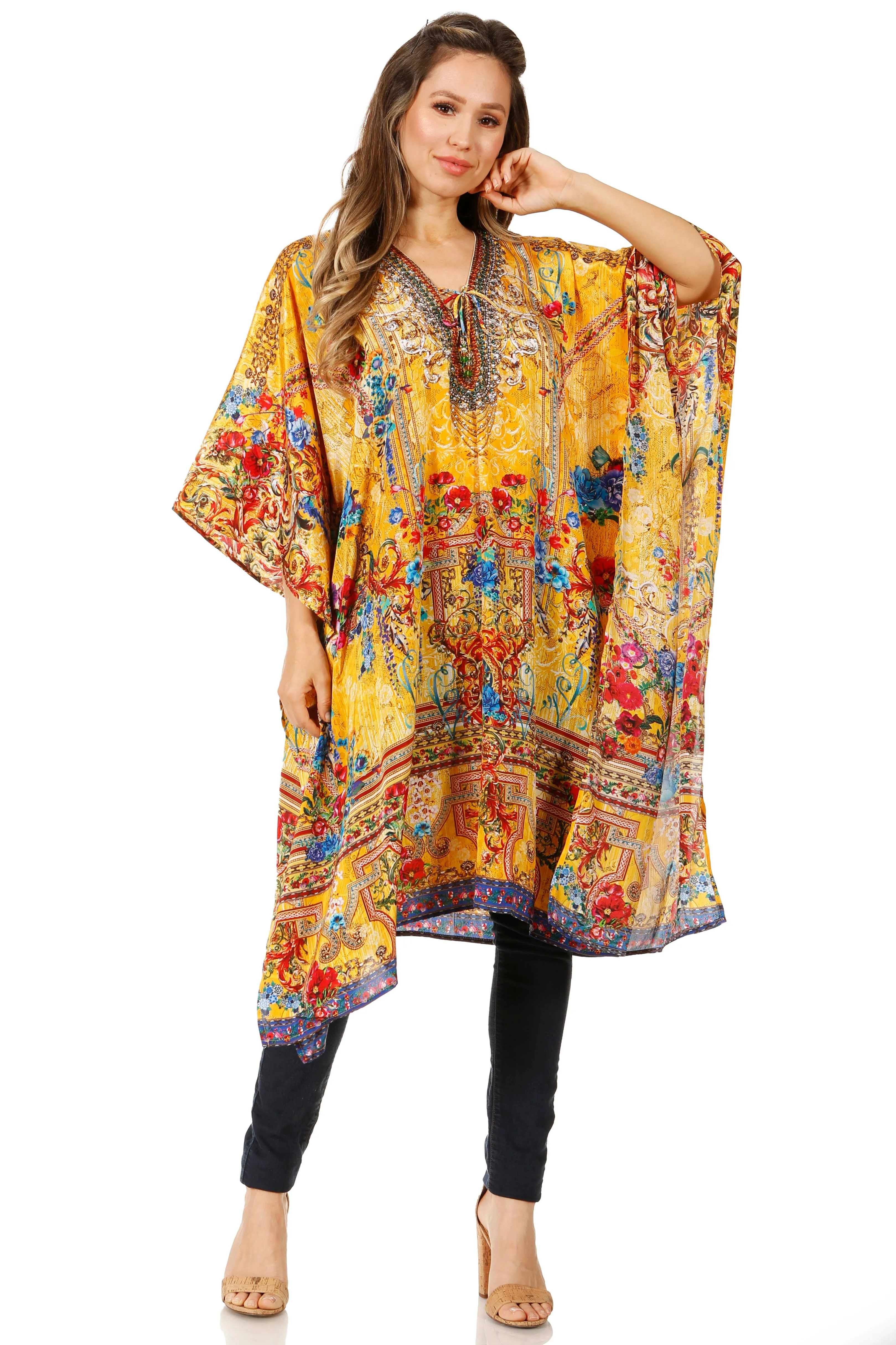 Sakkas Zeni Women's Short sleeve V-neck Summer Floral Print Caftan Dress Cover-up