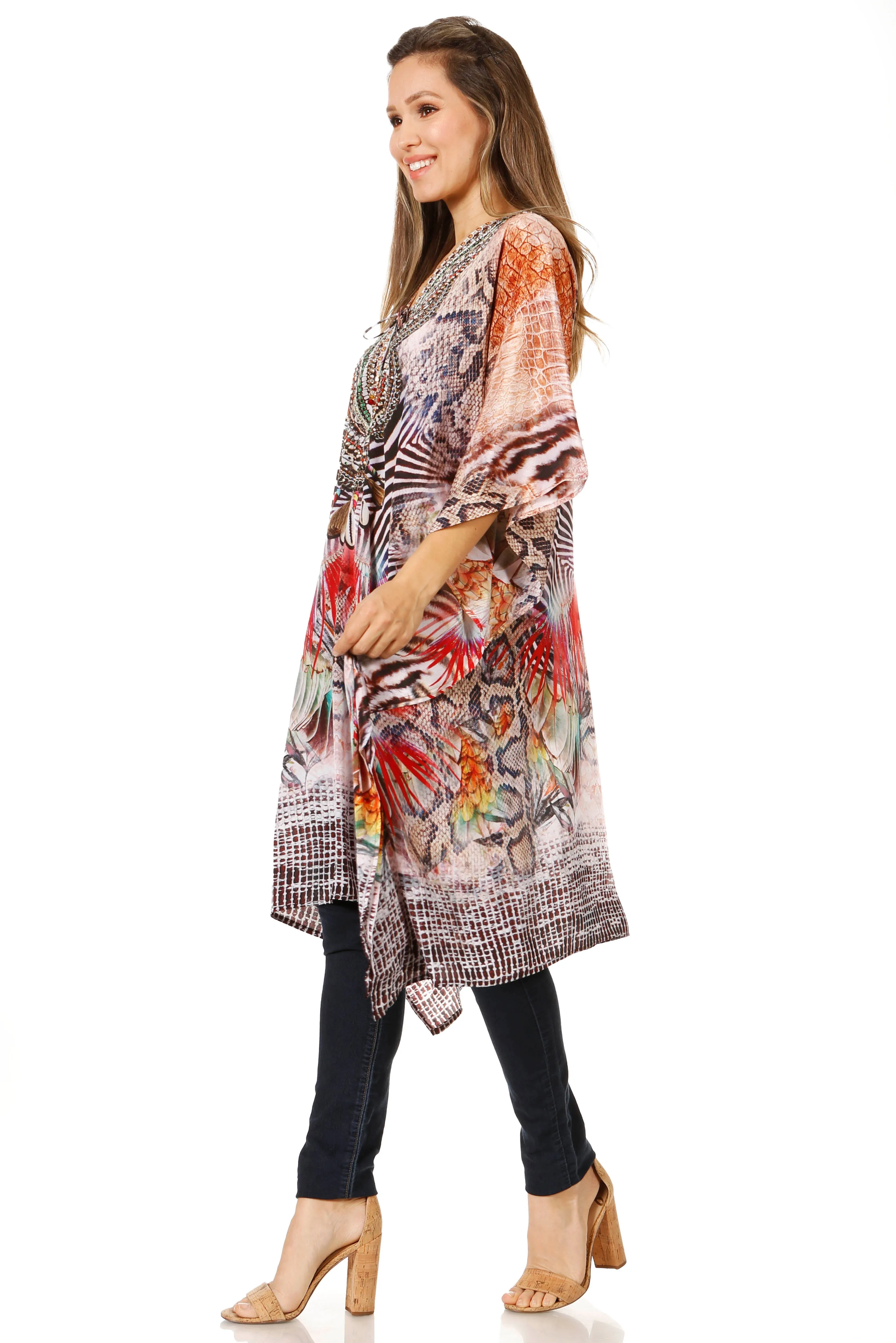 Sakkas Zeni Women's Short sleeve V-neck Summer Floral Print Caftan Dress Cover-up