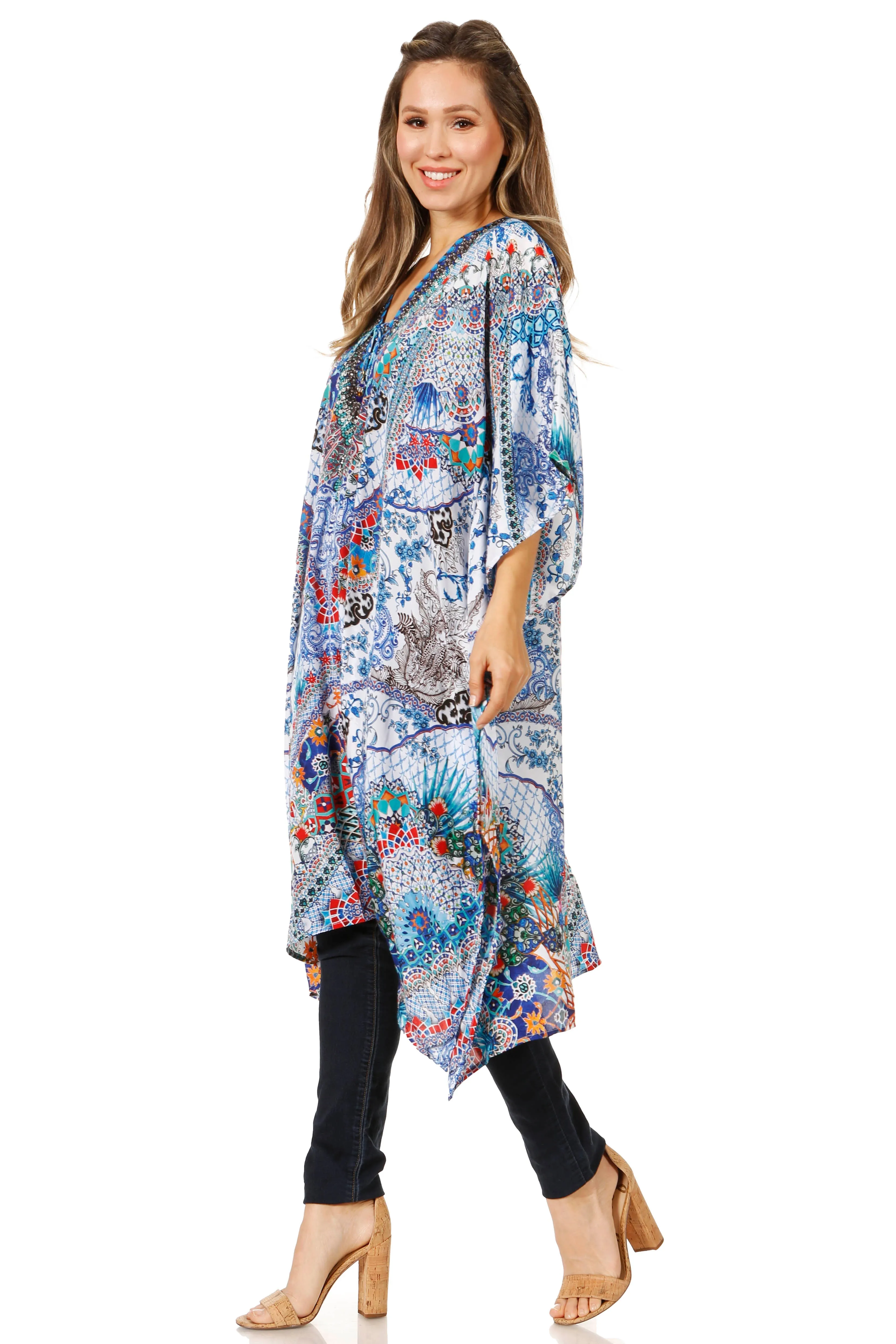 Sakkas Zeni Women's Short sleeve V-neck Summer Floral Print Caftan Dress Cover-up