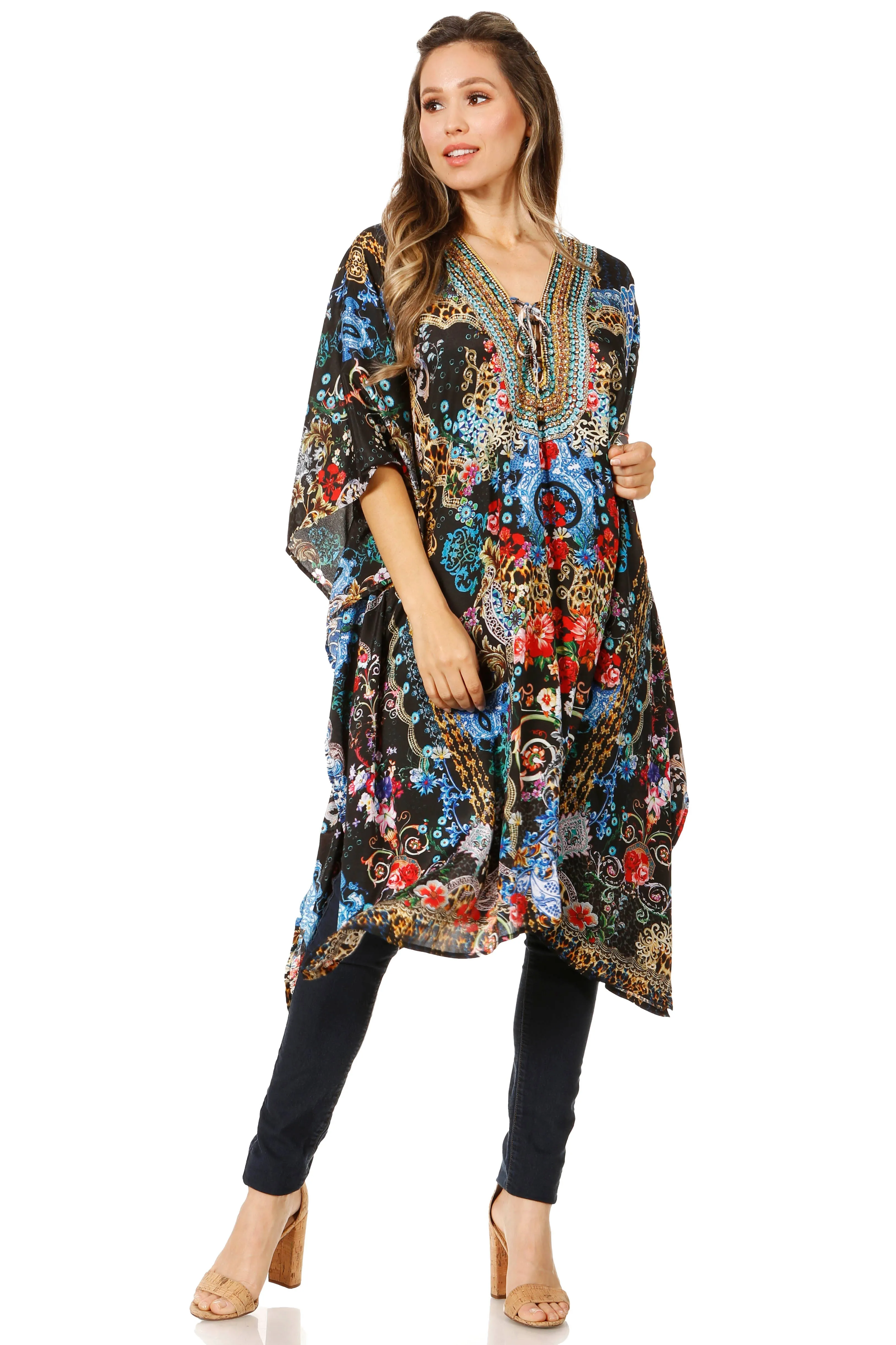 Sakkas Zeni Women's Short sleeve V-neck Summer Floral Print Caftan Dress Cover-up