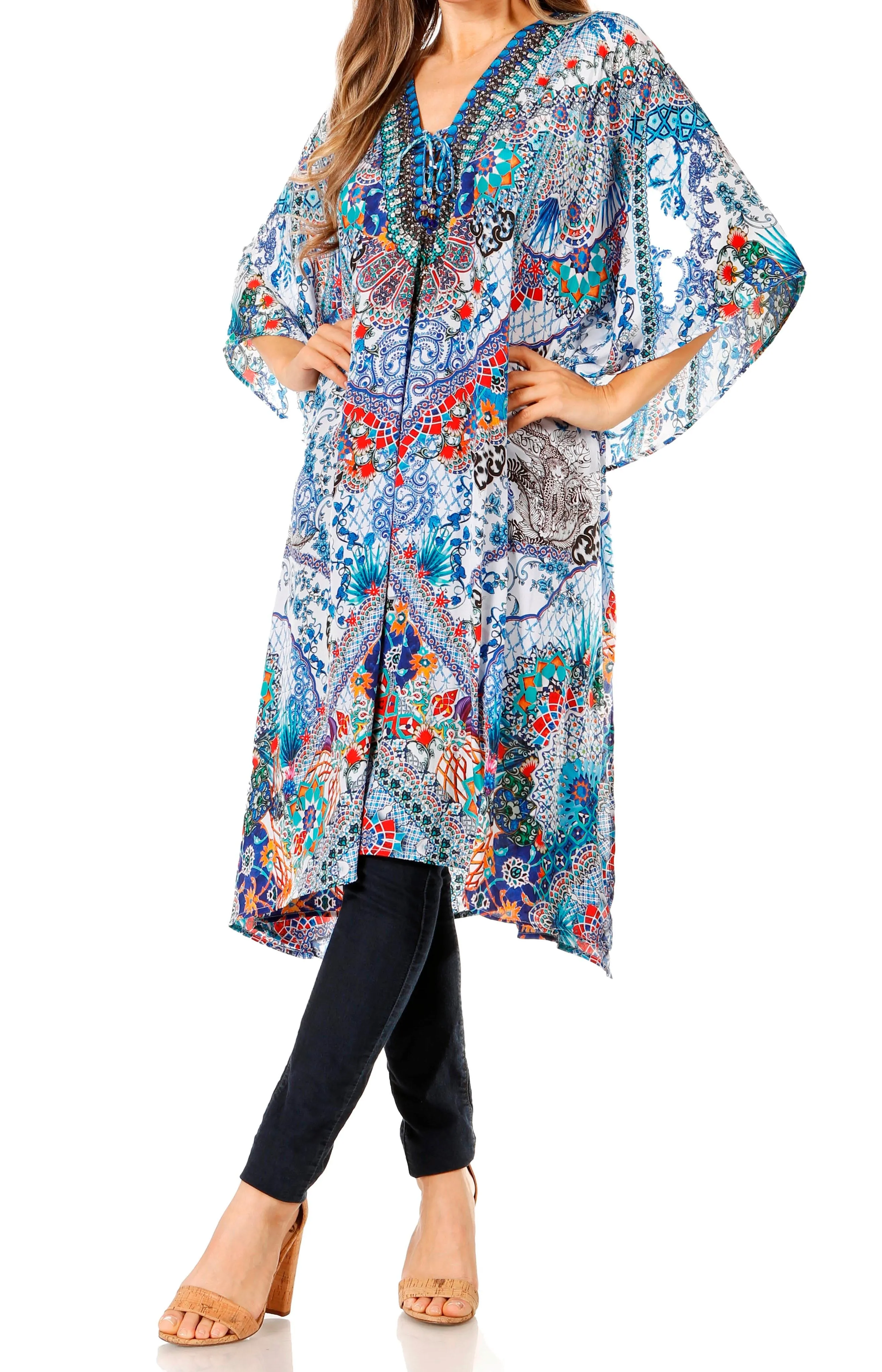 Sakkas Zeni Women's Short sleeve V-neck Summer Floral Print Caftan Dress Cover-up