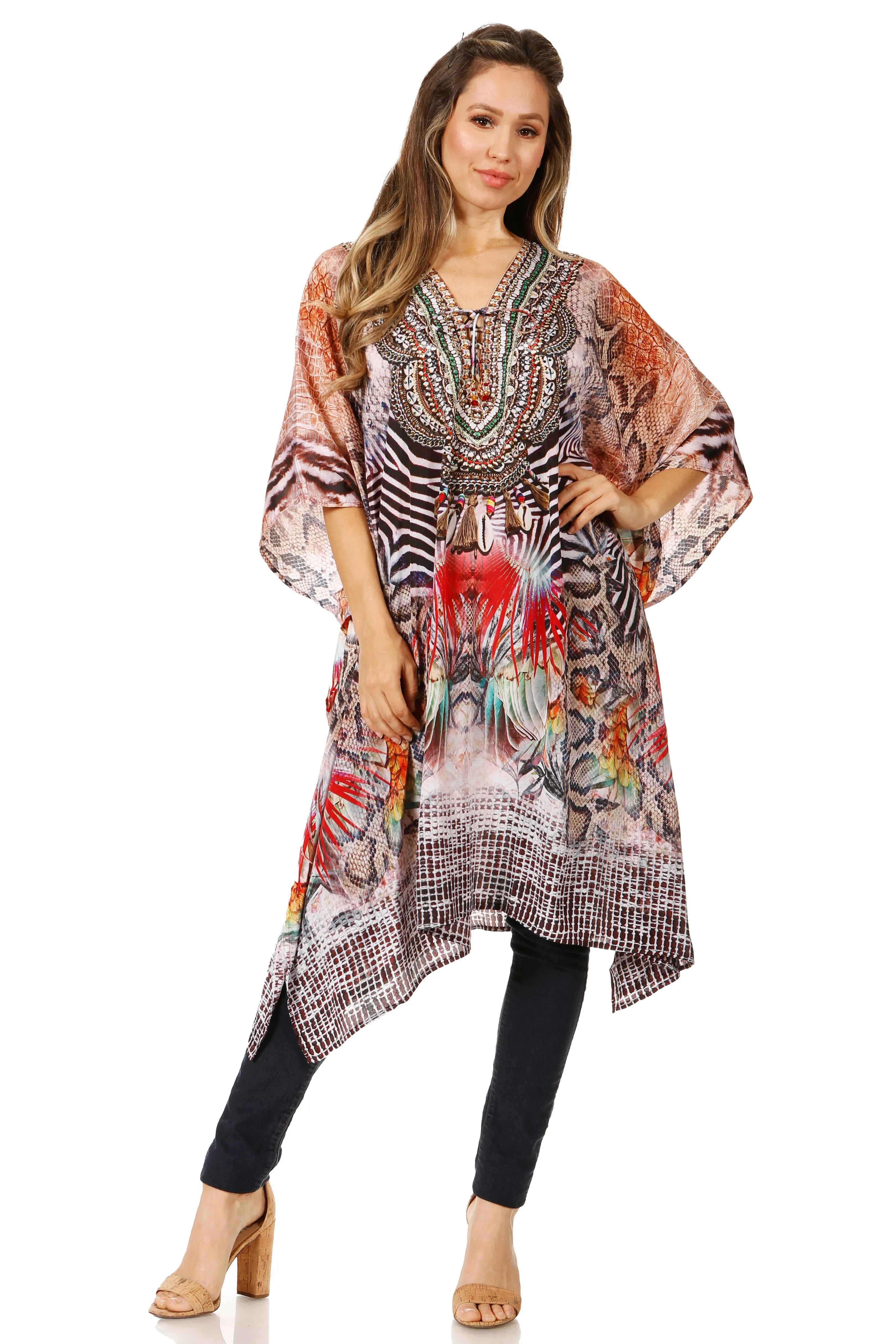 Sakkas Zeni Women's Short sleeve V-neck Summer Floral Print Caftan Dress Cover-up