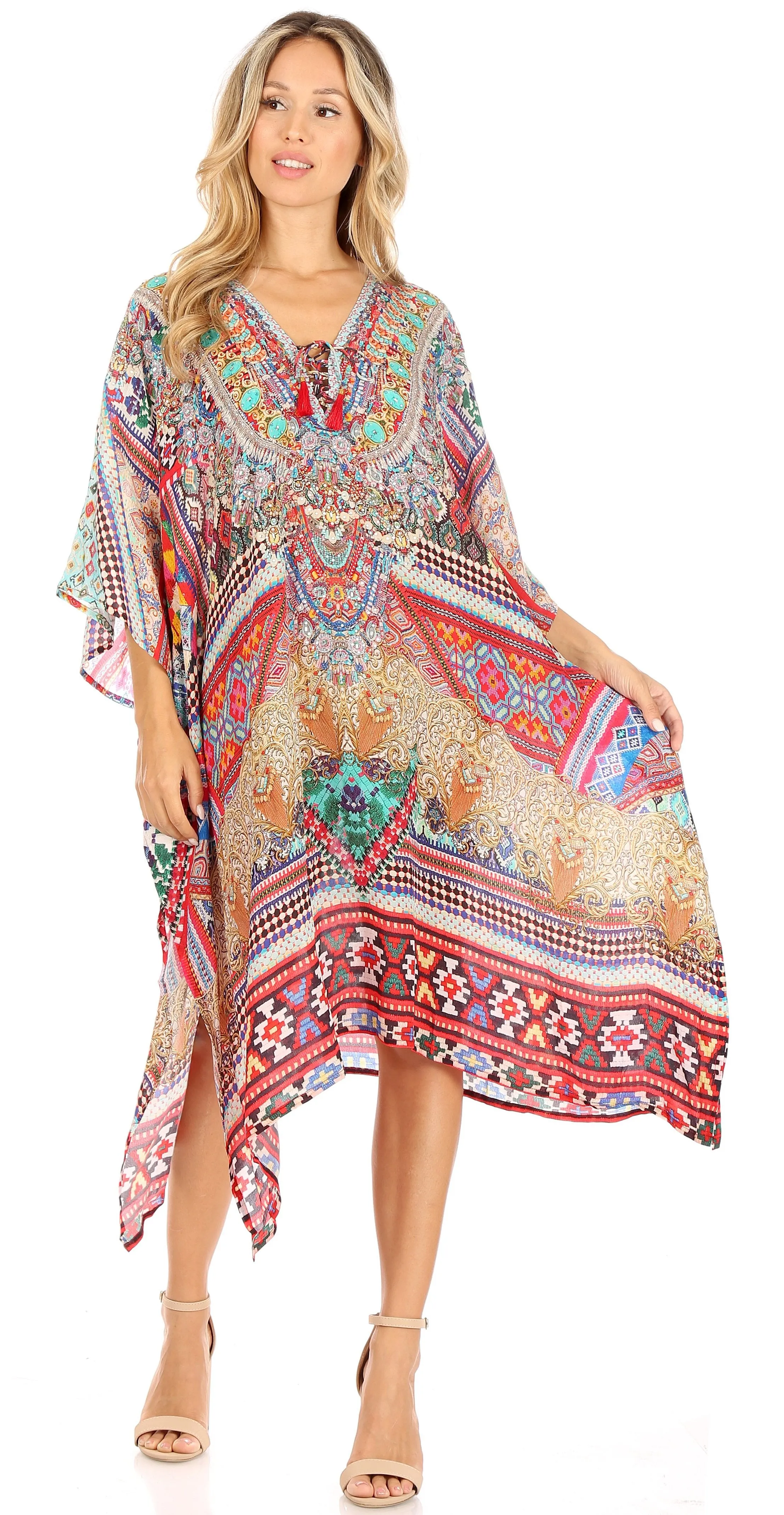 Sakkas Zeni Women's Short sleeve V-neck Summer Floral Print Caftan Dress Cover-up