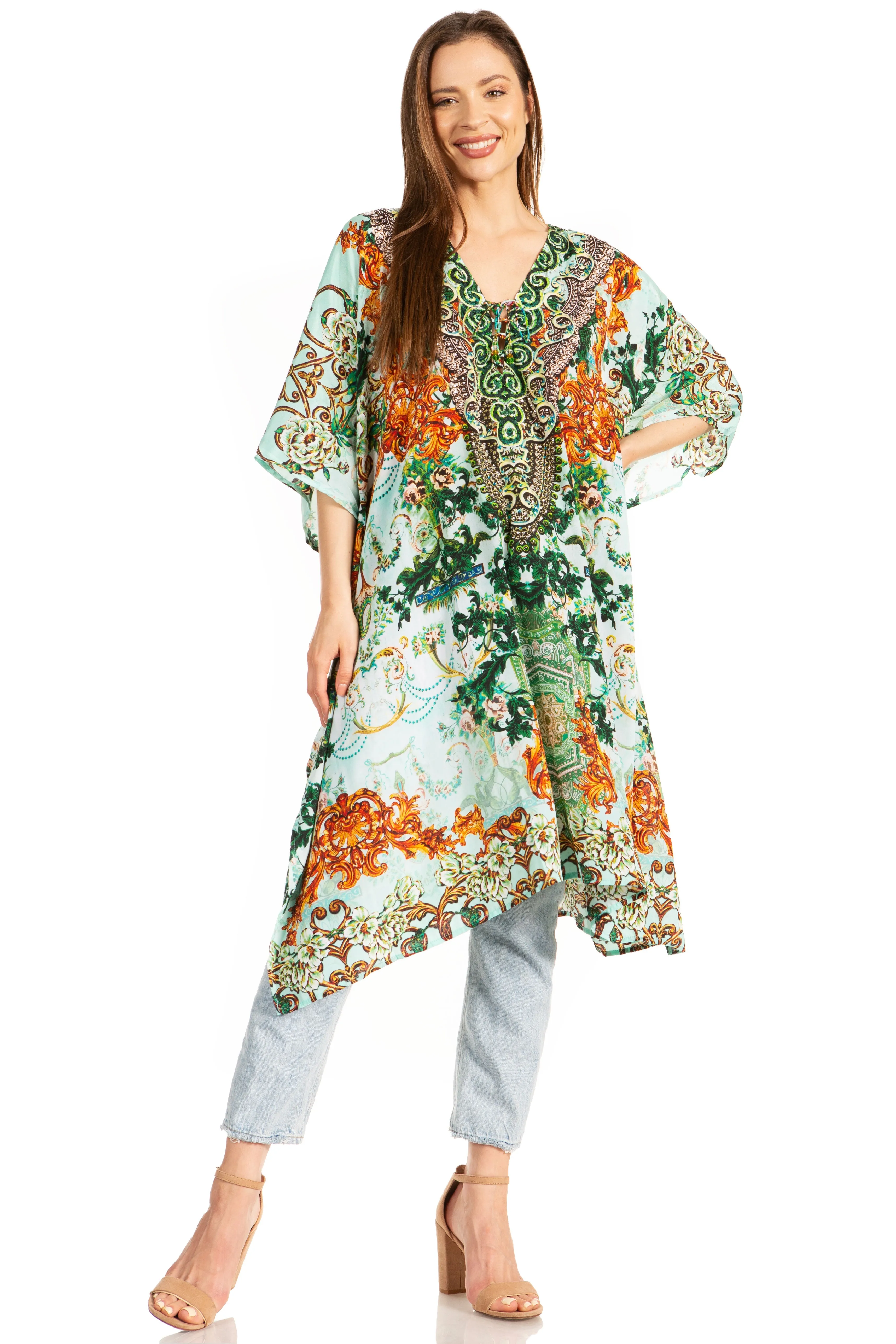 Sakkas Zeni Women's Short sleeve V-neck Summer Floral Print Caftan Dress Cover-up