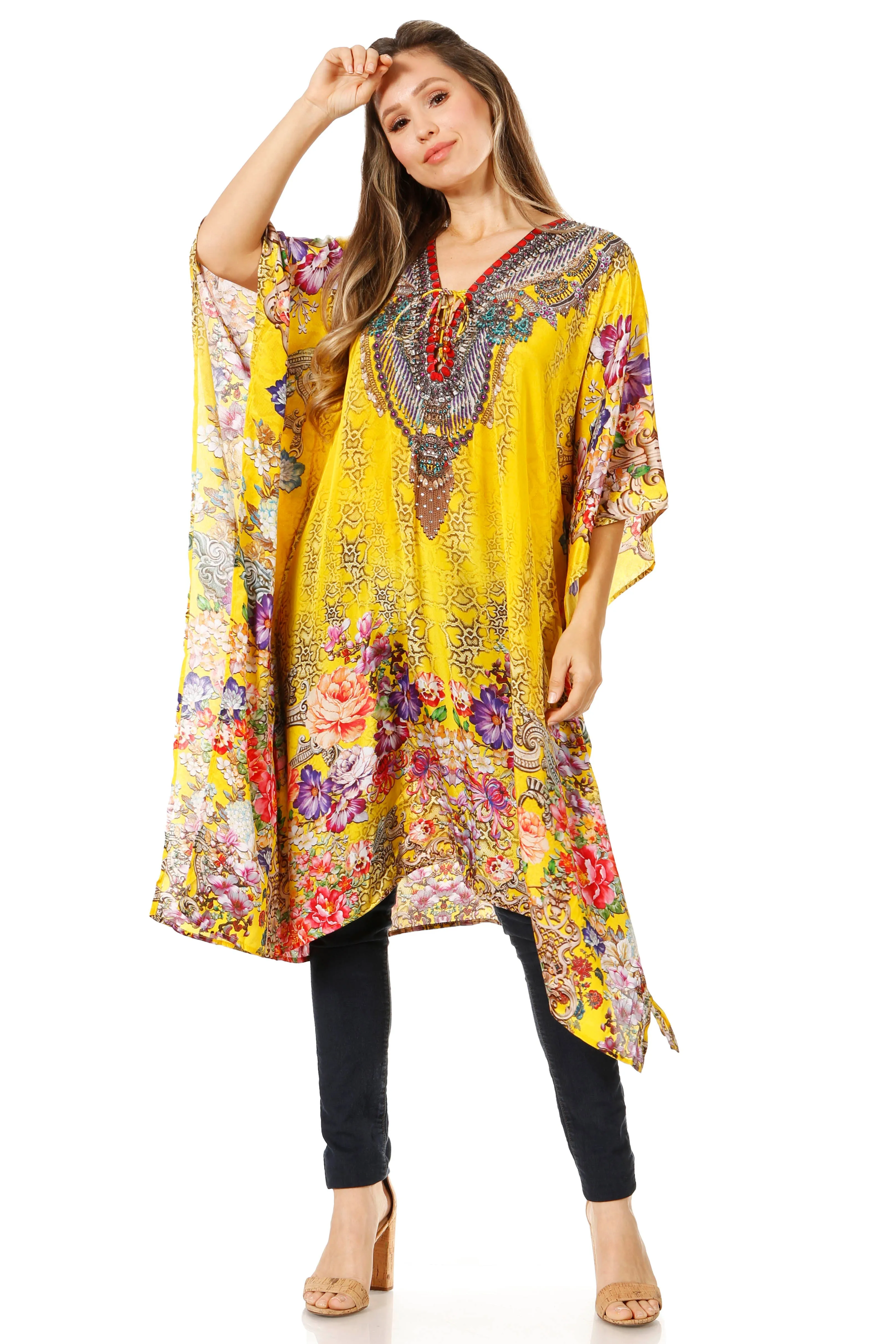 Sakkas Zeni Women's Short sleeve V-neck Summer Floral Print Caftan Dress Cover-up