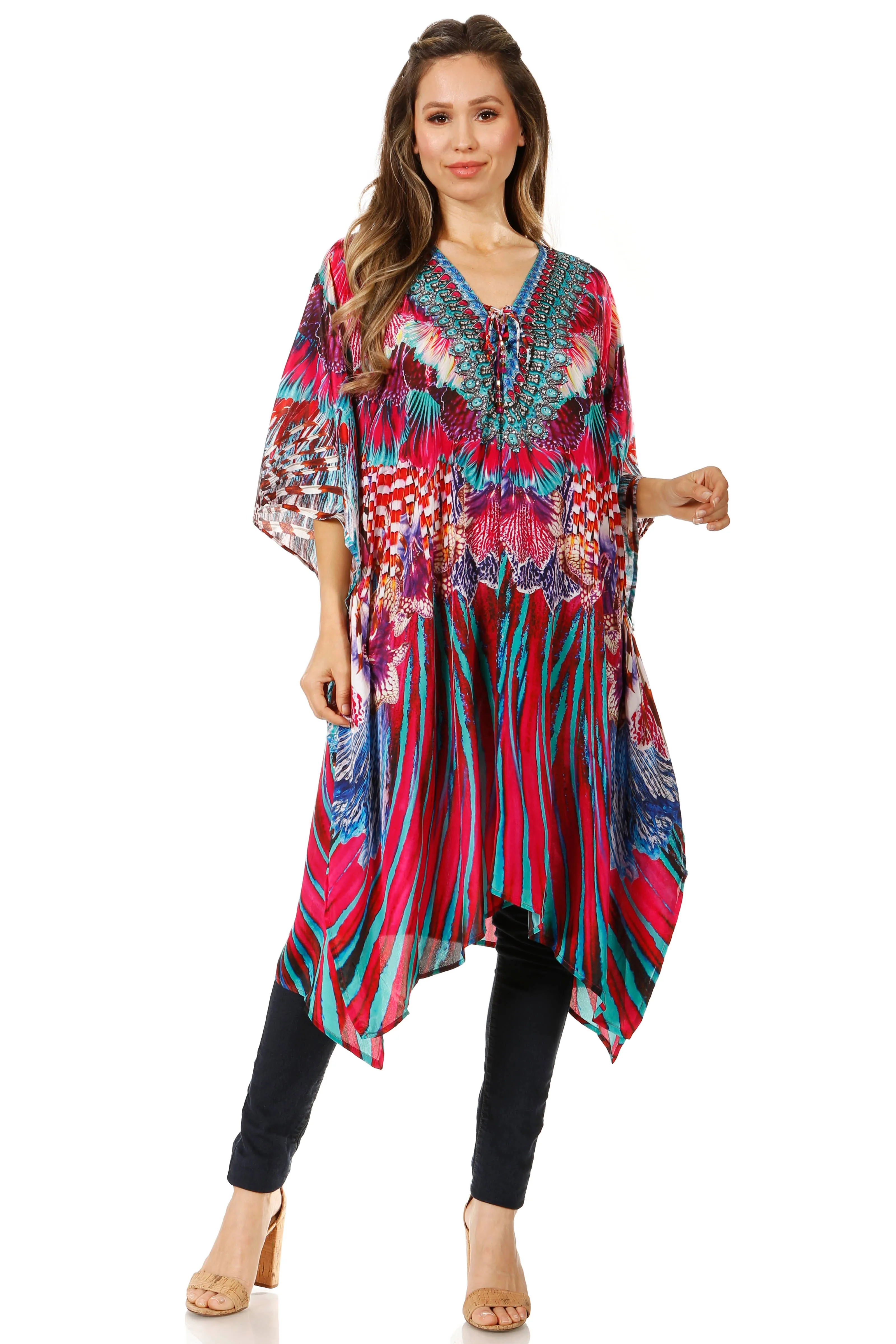 Sakkas Zeni Women's Short sleeve V-neck Summer Floral Print Caftan Dress Cover-up