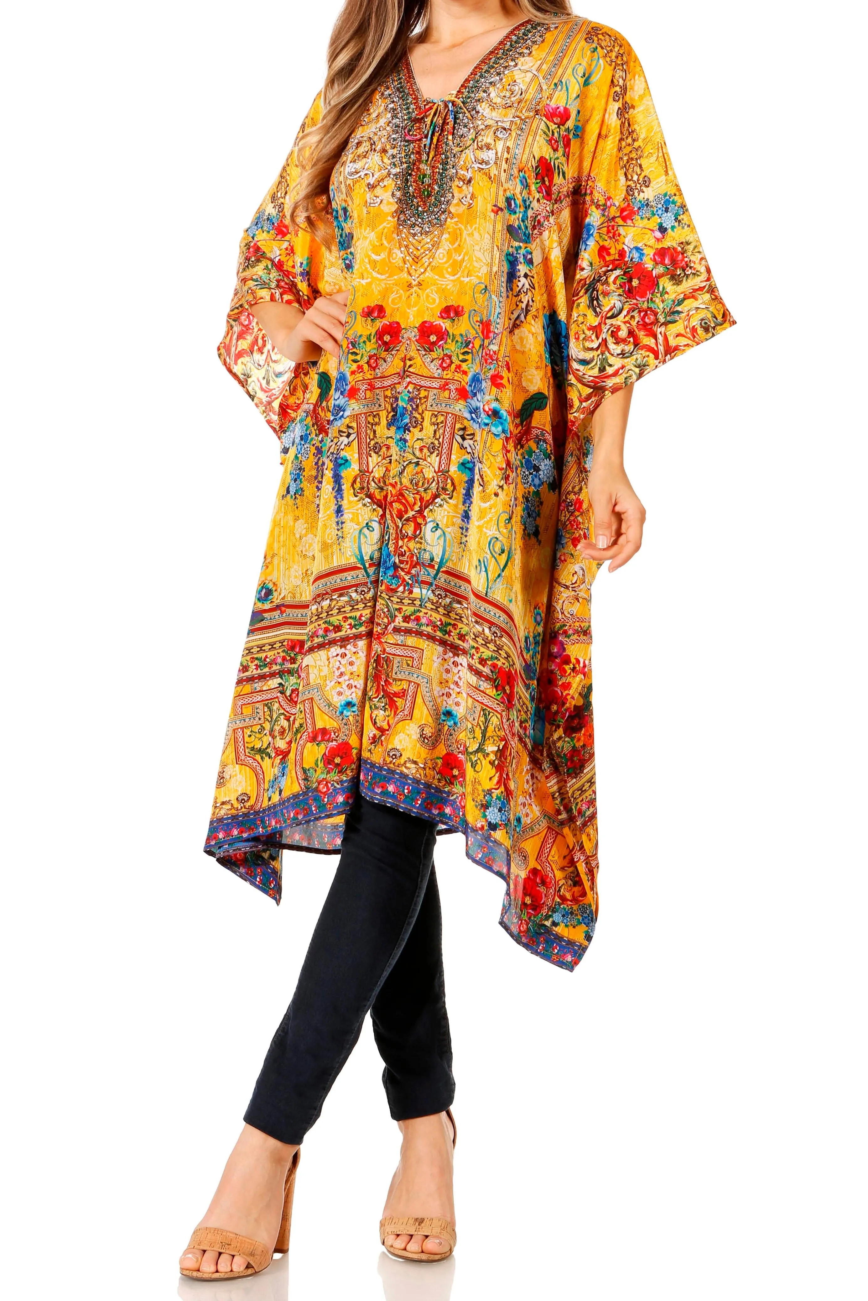 Sakkas Zeni Women's Short sleeve V-neck Summer Floral Print Caftan Dress Cover-up