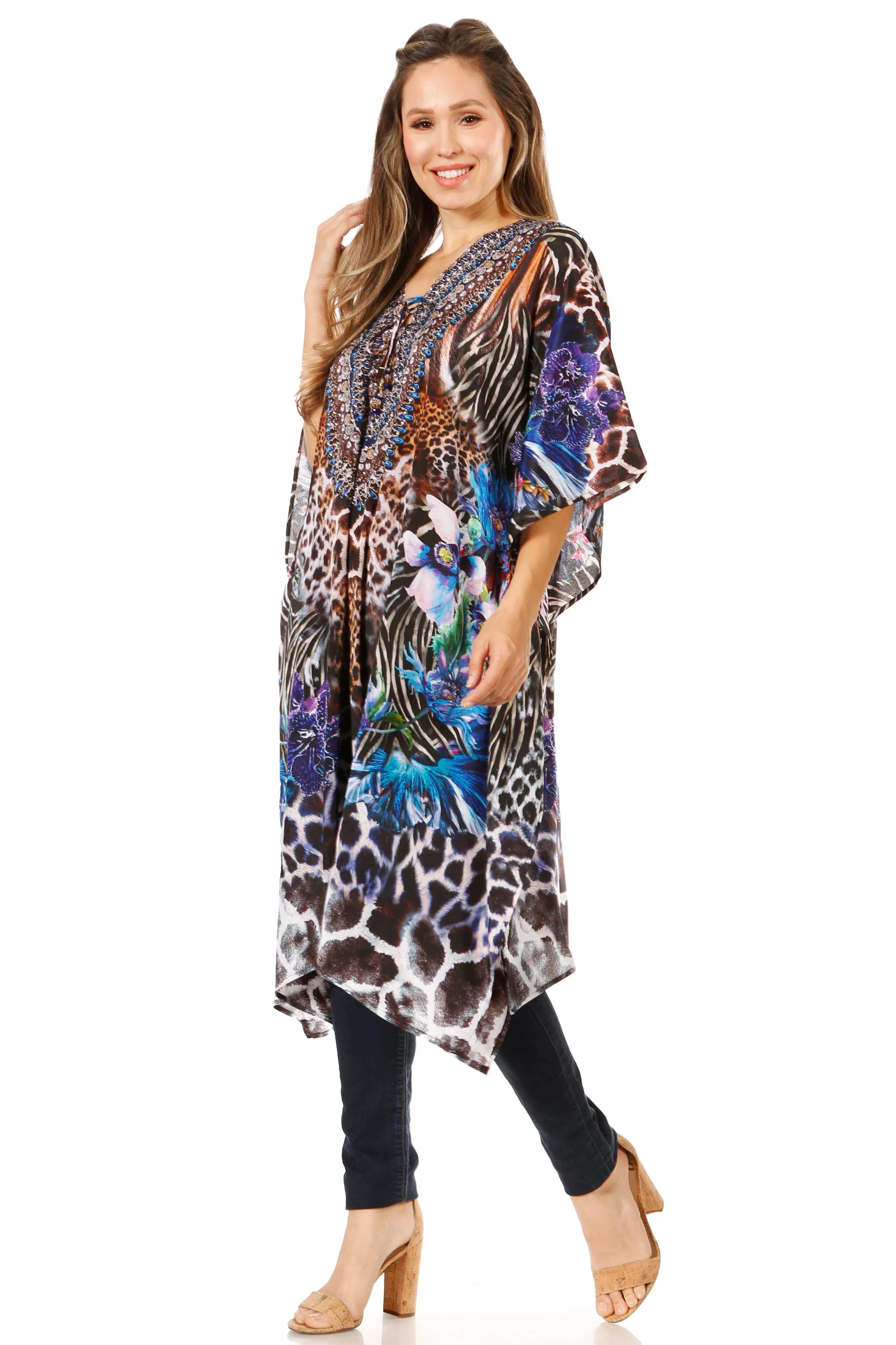 Sakkas Zeni Women's Short sleeve V-neck Summer Floral Print Caftan Dress Cover-up