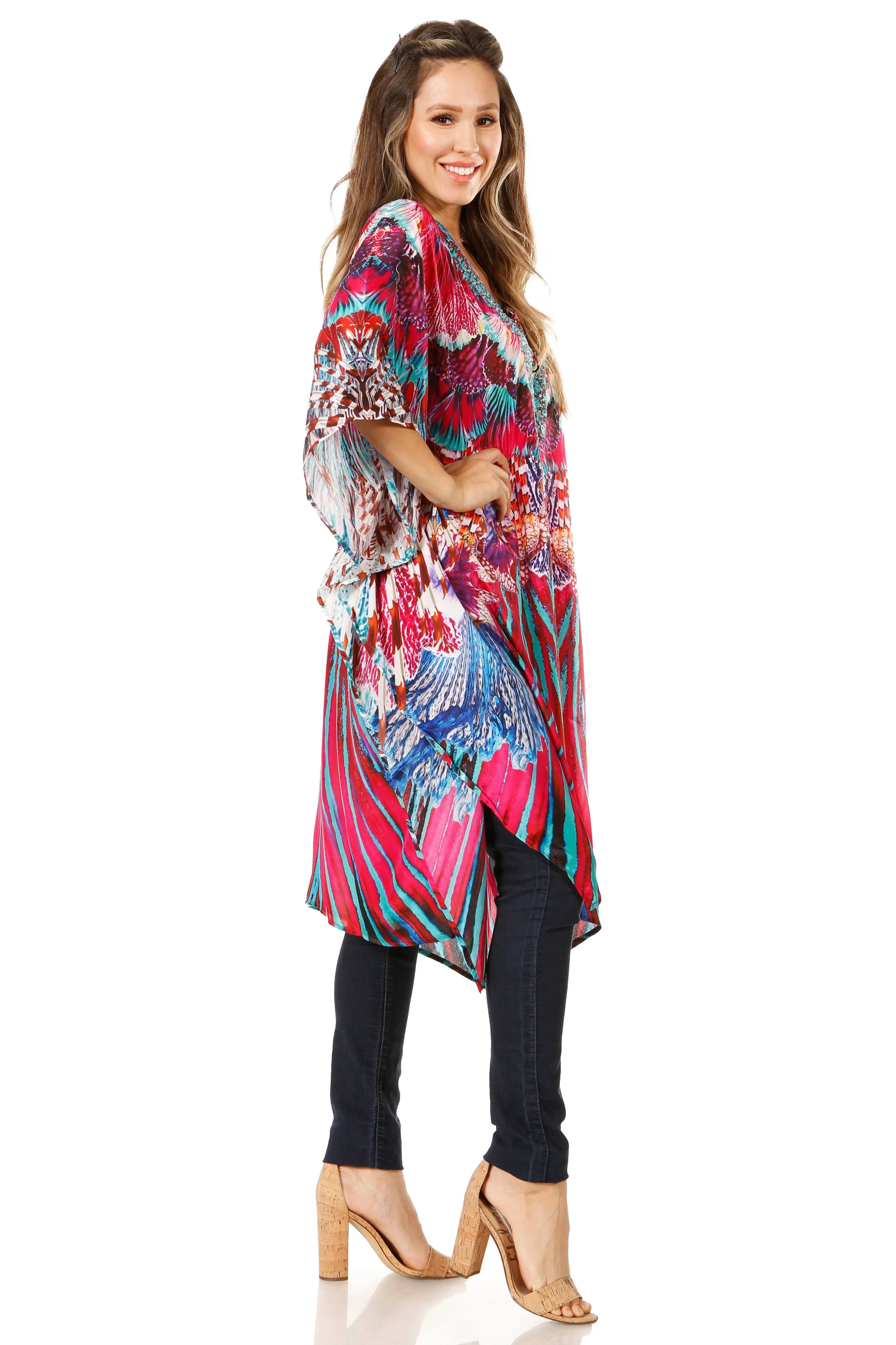 Sakkas Zeni Women's Short sleeve V-neck Summer Floral Print Caftan Dress Cover-up