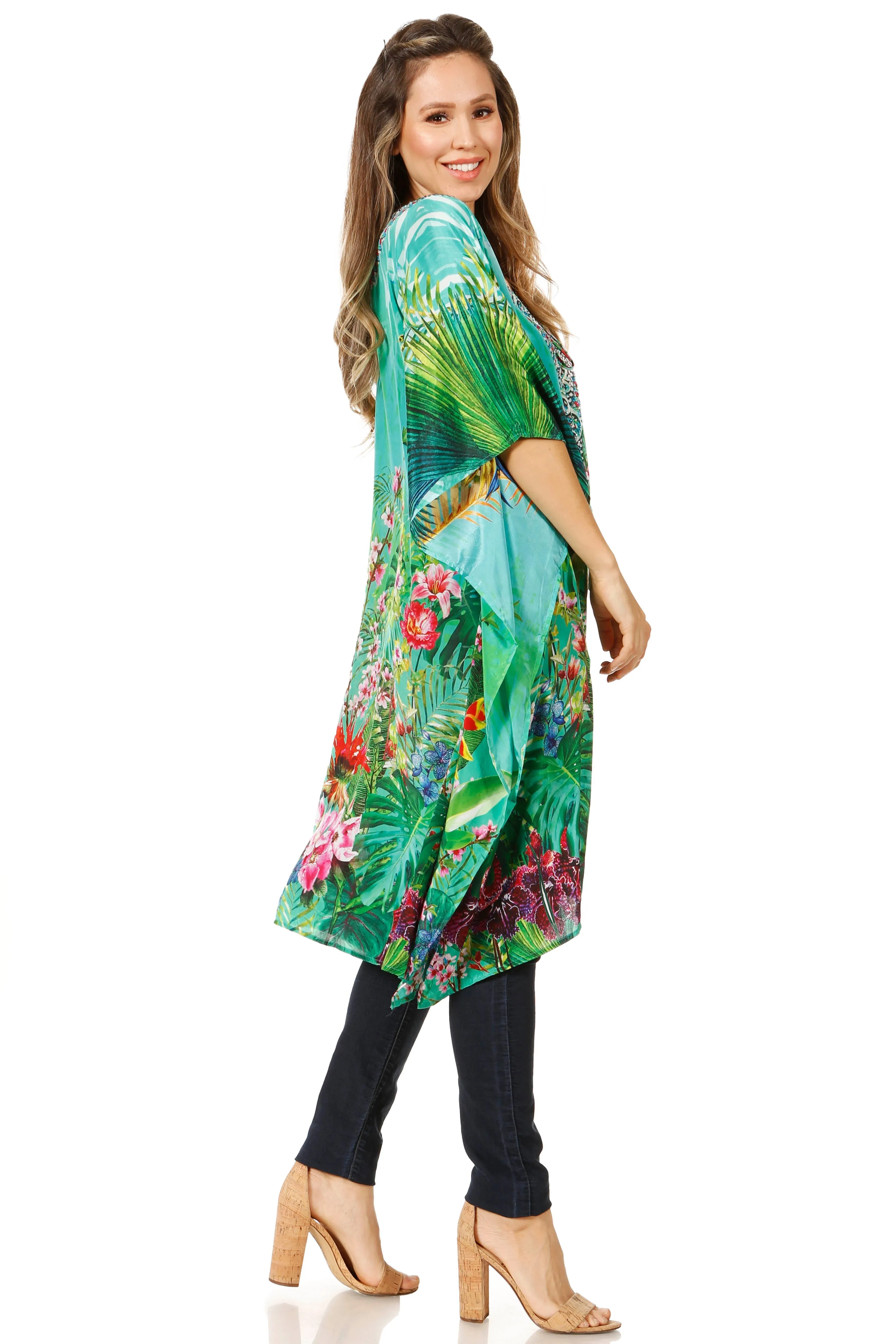 Sakkas Zeni Women's Short sleeve V-neck Summer Floral Print Caftan Dress Cover-up