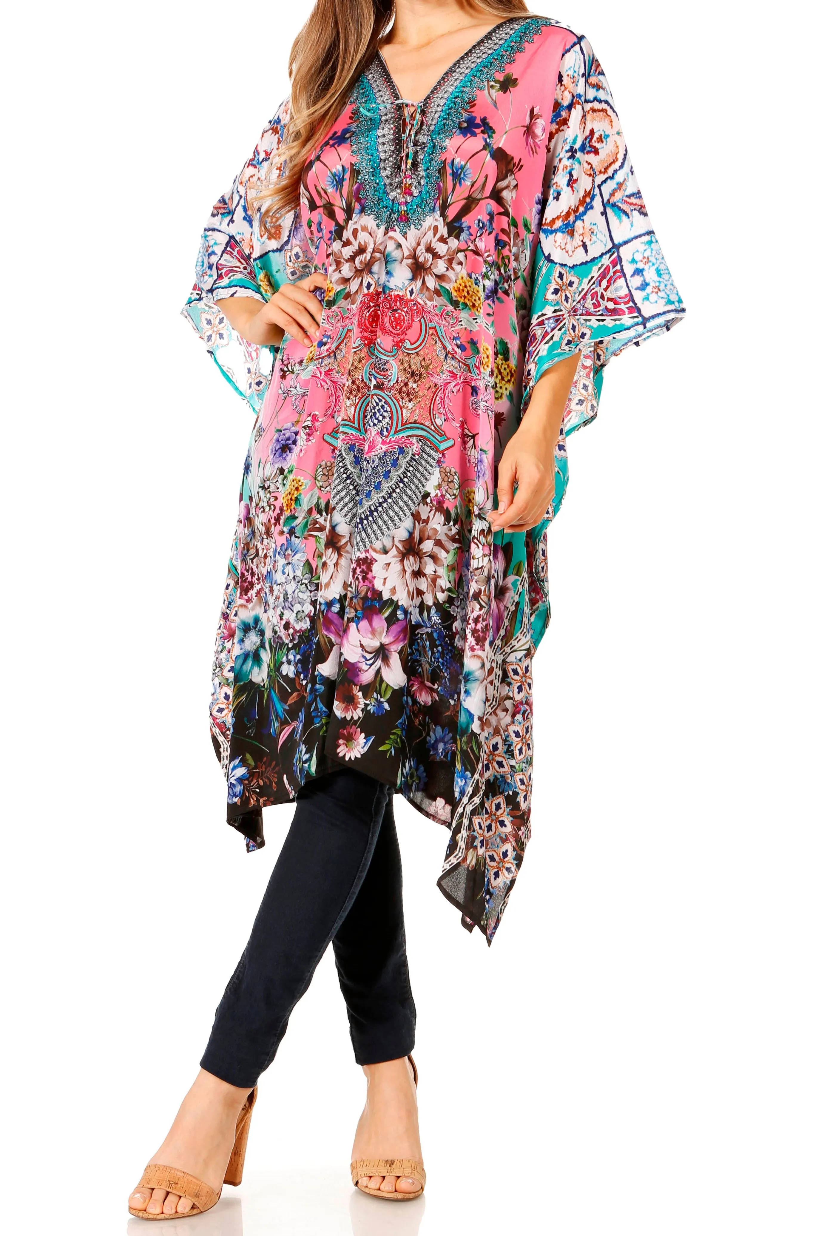 Sakkas Zeni Women's Short sleeve V-neck Summer Floral Print Caftan Dress Cover-up