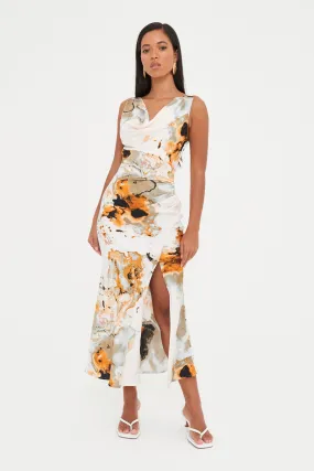 SATIN ABSTRACT COWL MAXI DRESS