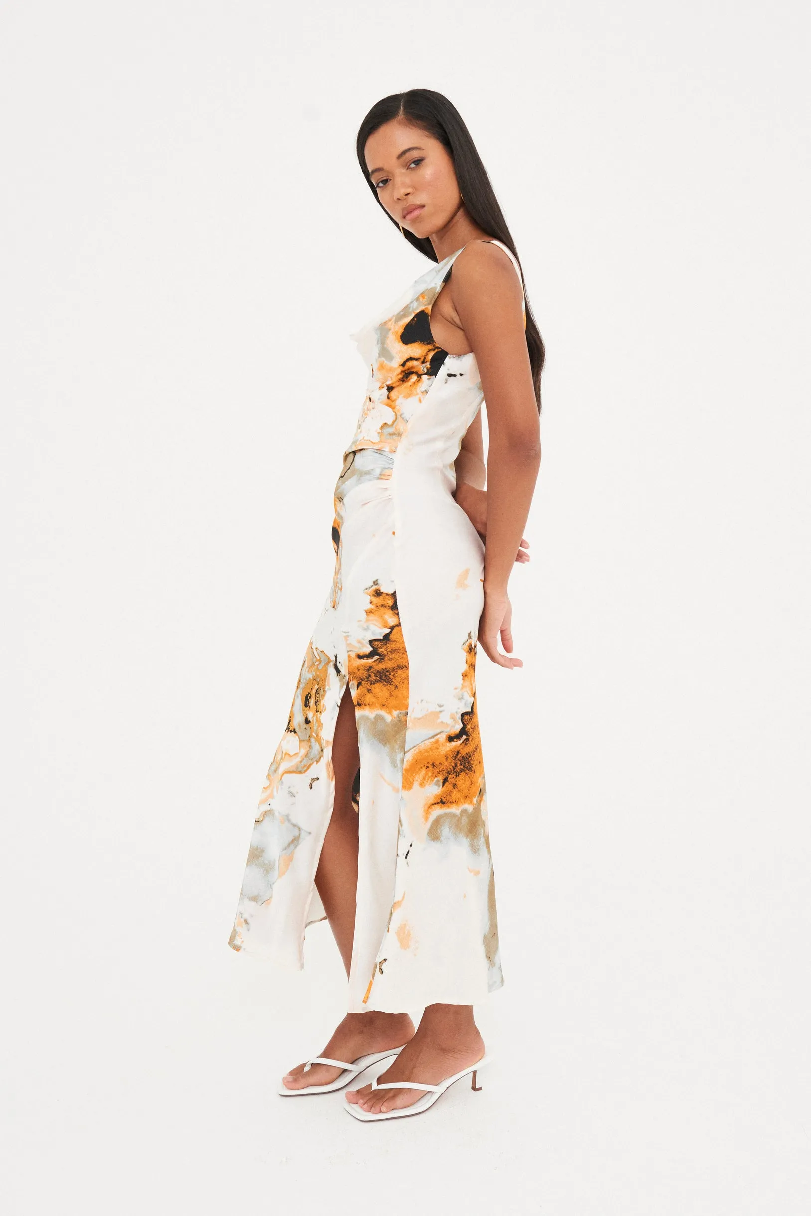 SATIN ABSTRACT COWL MAXI DRESS