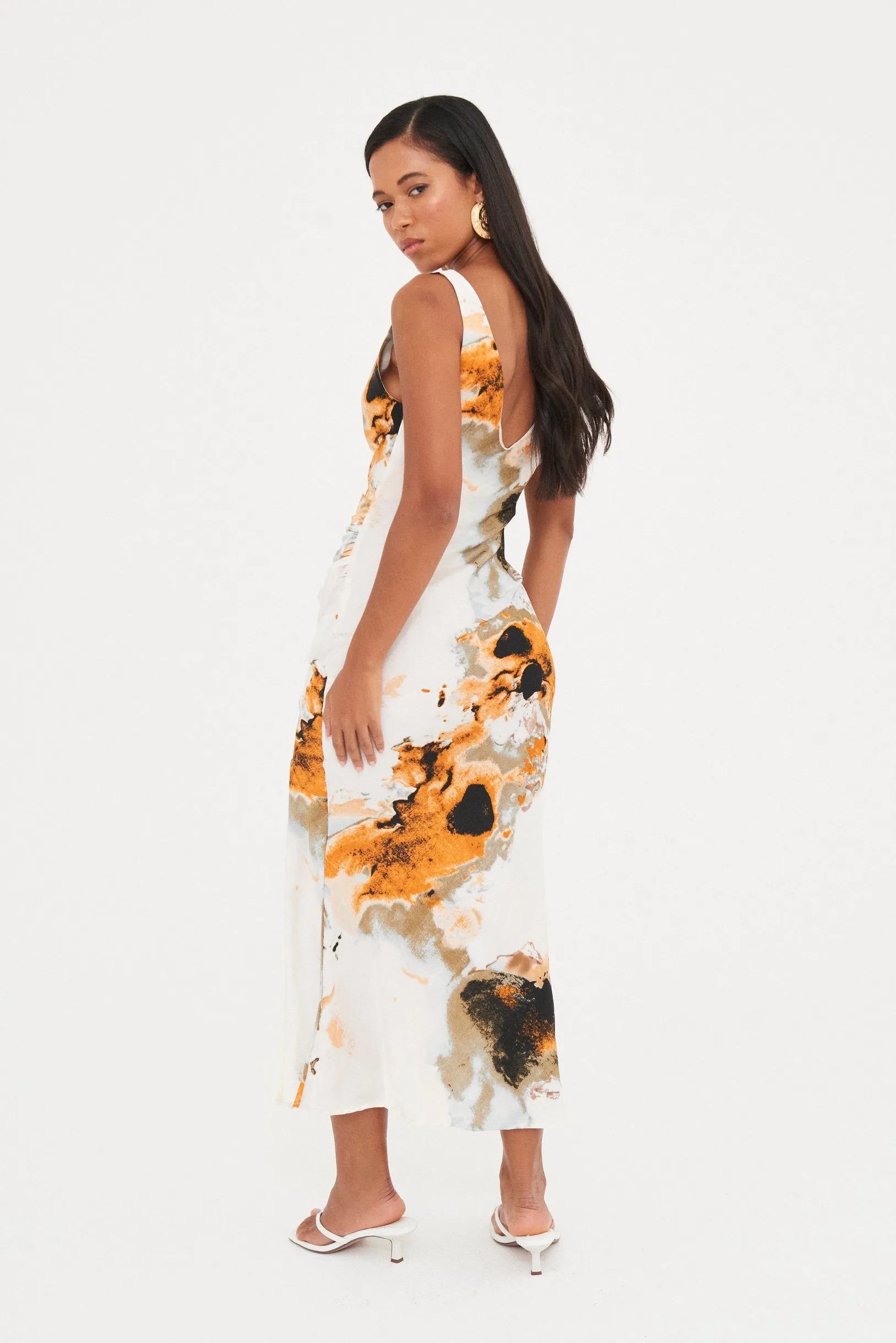 SATIN ABSTRACT COWL MAXI DRESS