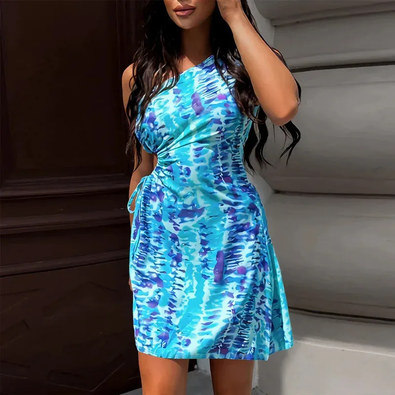 Sexy Asymmetric Slim Club Mini Fashion Tie Dye Printed Hollow Short Casual Summer Sleeveless Bohemian Floral Female Dress