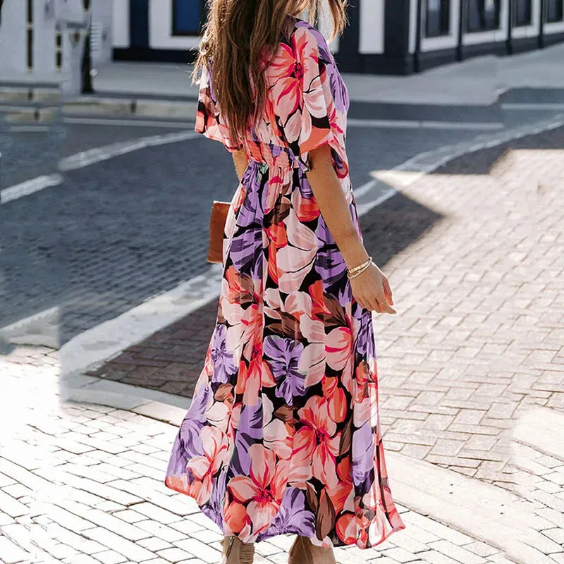 Sexy Deep V Floral Print Party Elegant Summer Short Sleeve Commuting Casual High Waist Pleated Split Long Floral 2024 Dress