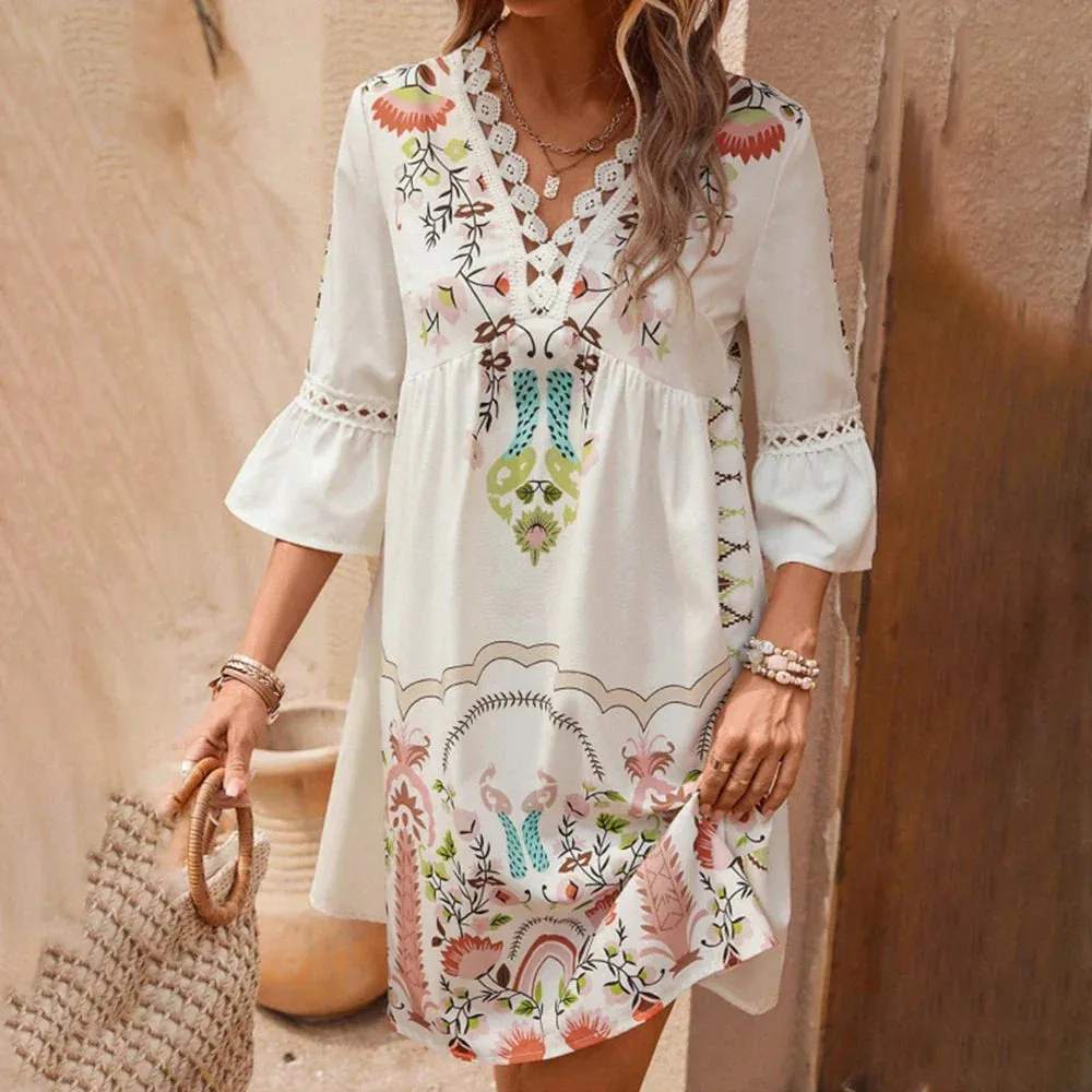 Sexy Vacation Bohemian Floral Short Beach Summer Sun Vintage Mini Dress