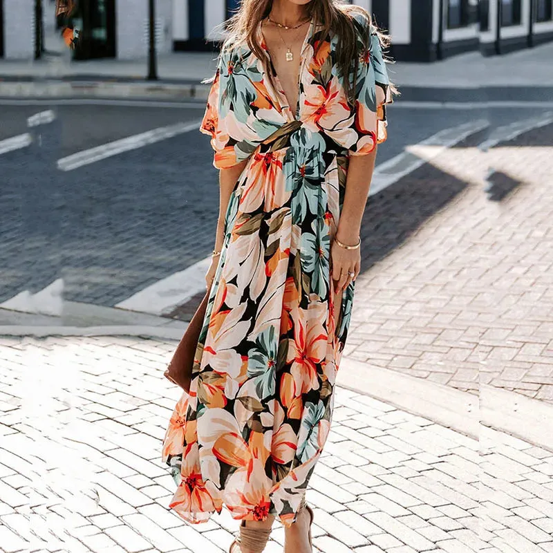 Short Commuting Casual High Waist Pleated Split Deep Floral Summer Elegant Dress