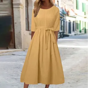 Short Sleeve Round Neck Ruffle Tie Waist A-Line Casual Spring Beach Vacation Midi Fashion Dress