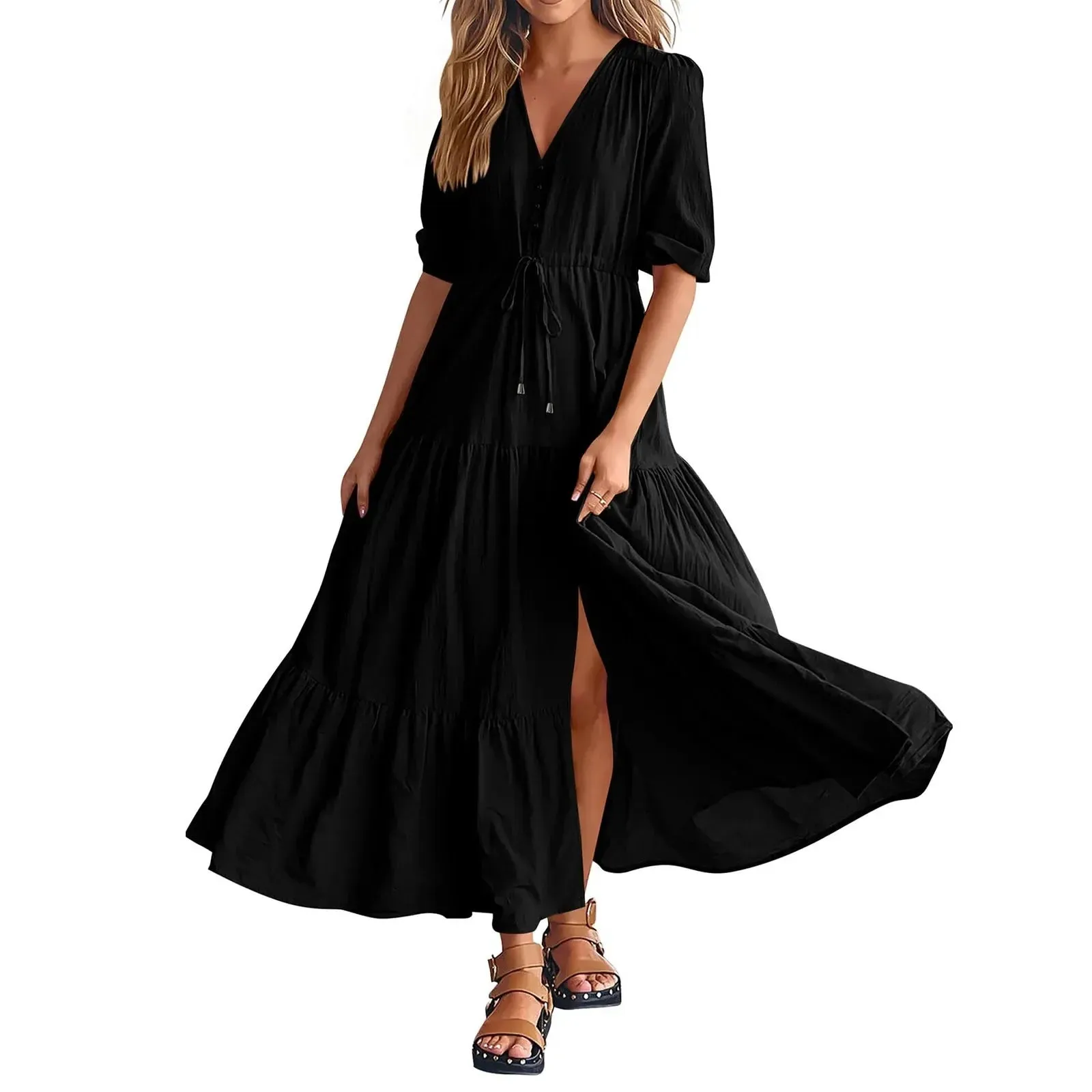 Size Solid Short Sleeve V Neck A-Line Ruched Fashion Boho Vacation Midi Plus Dress