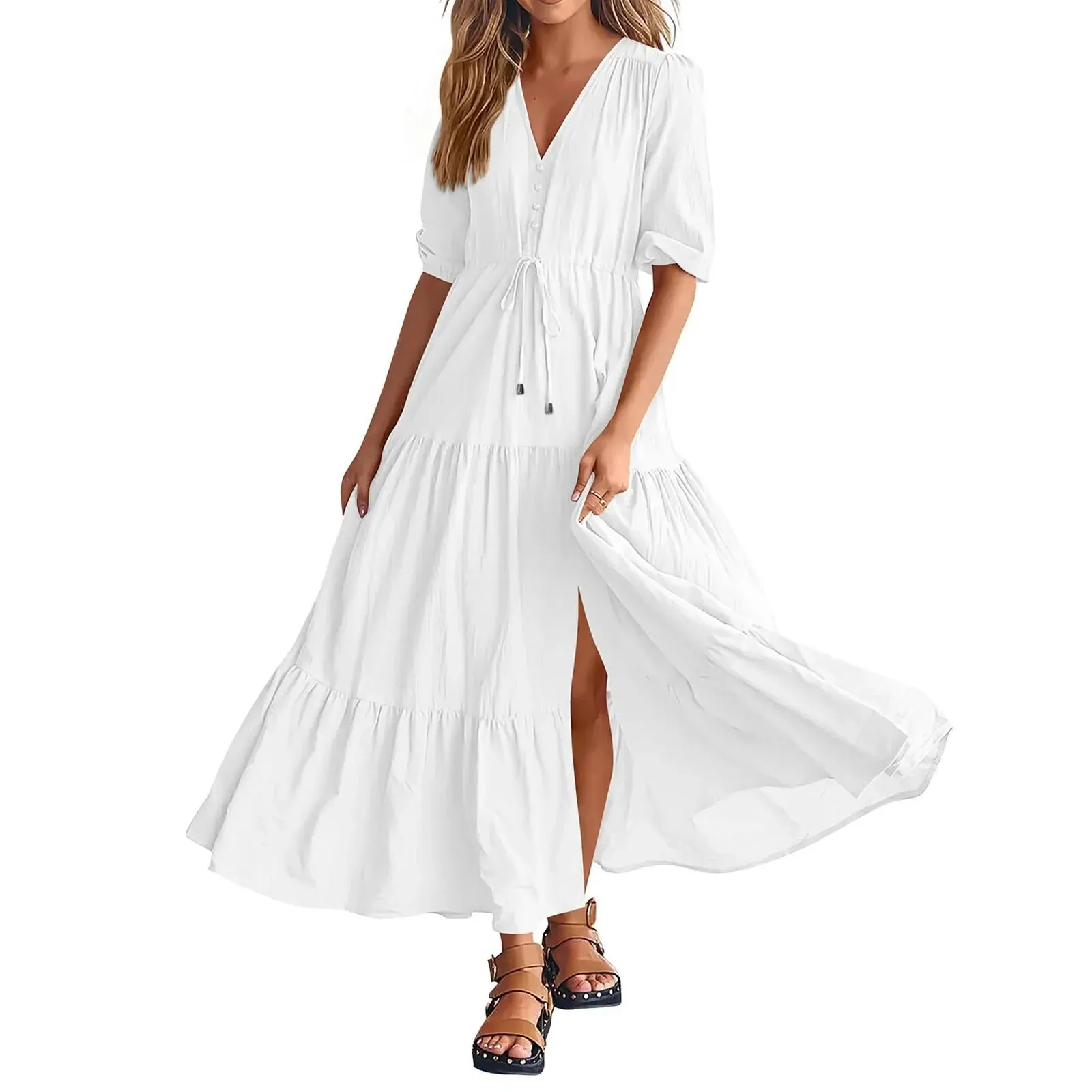 Size Solid Short Sleeve V Neck A-Line Ruched Fashion Boho Vacation Midi Plus Dress