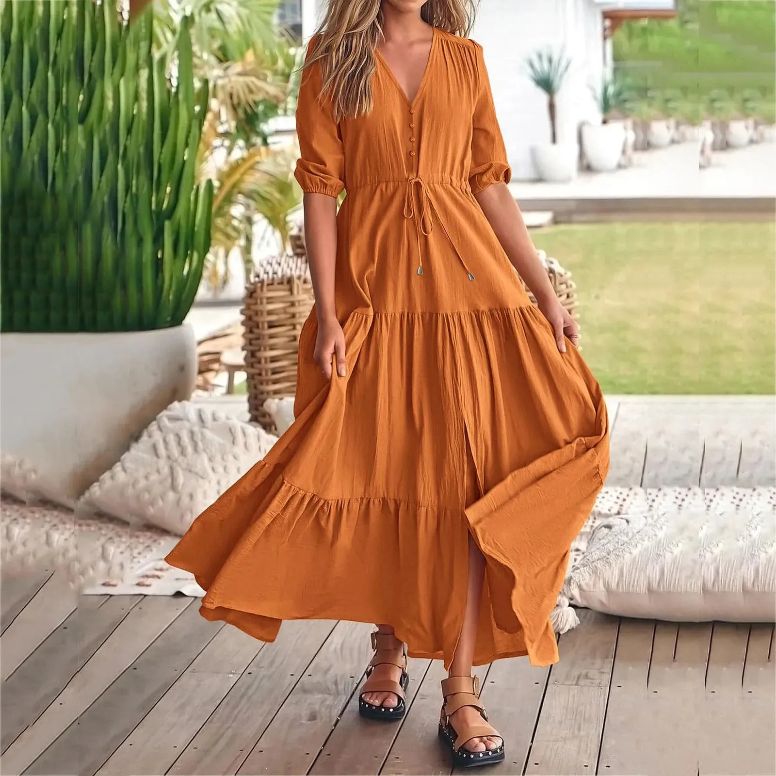 Size Solid Short Sleeve V Neck A-Line Ruched Fashion Boho Vacation Midi Plus Dress