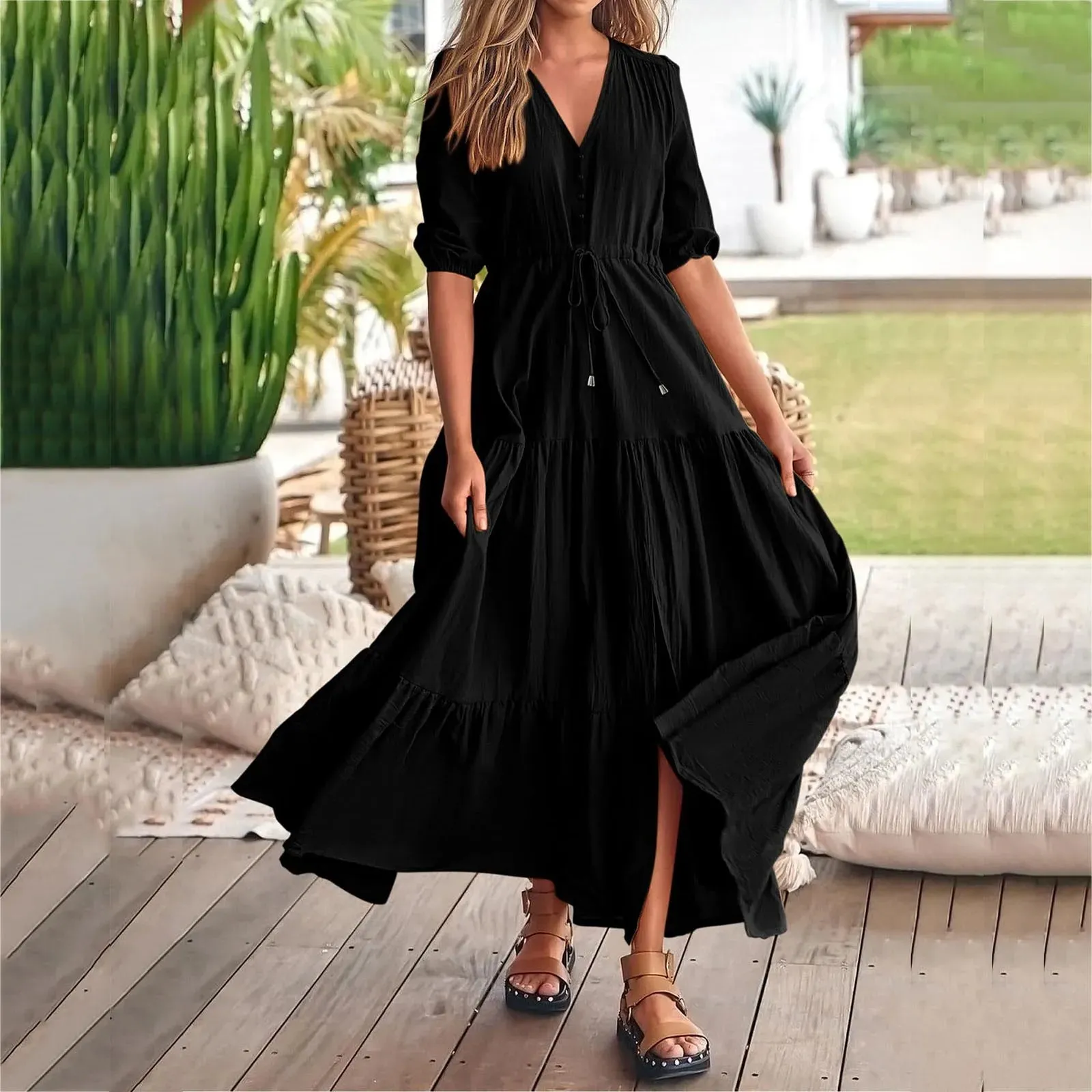 Size Solid Short Sleeve V Neck A-Line Ruched Fashion Boho Vacation Midi Plus Dress