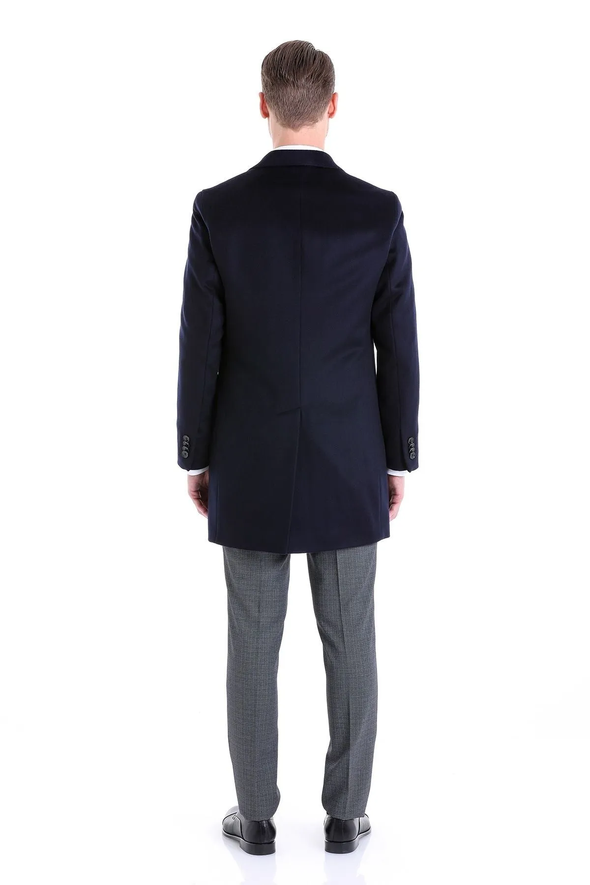 Slim Fit Cachet TBC Notch Lapel Wool Black Overcoat, Navy