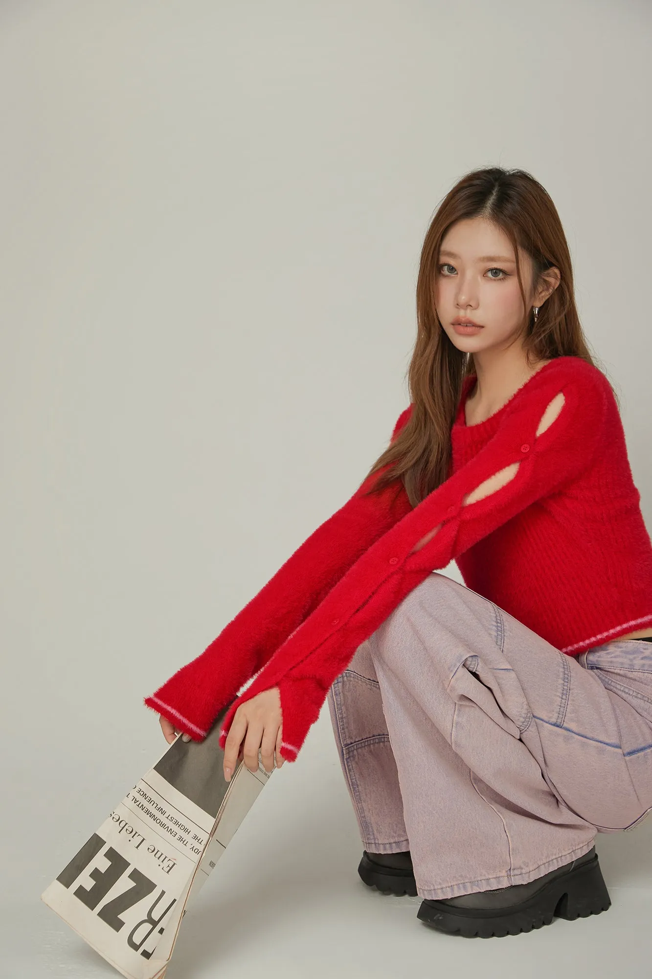 Slit Sleeves Button Crop Knit Sweater