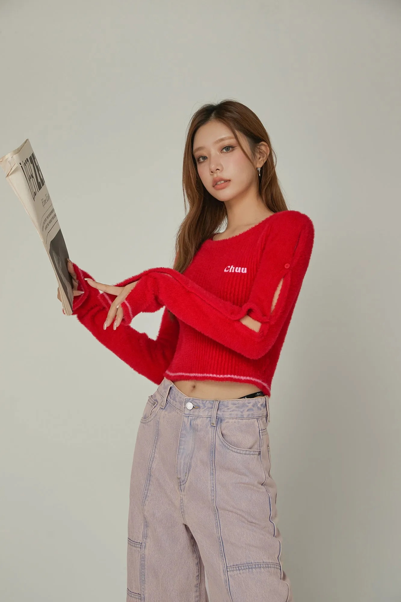 Slit Sleeves Button Crop Knit Sweater