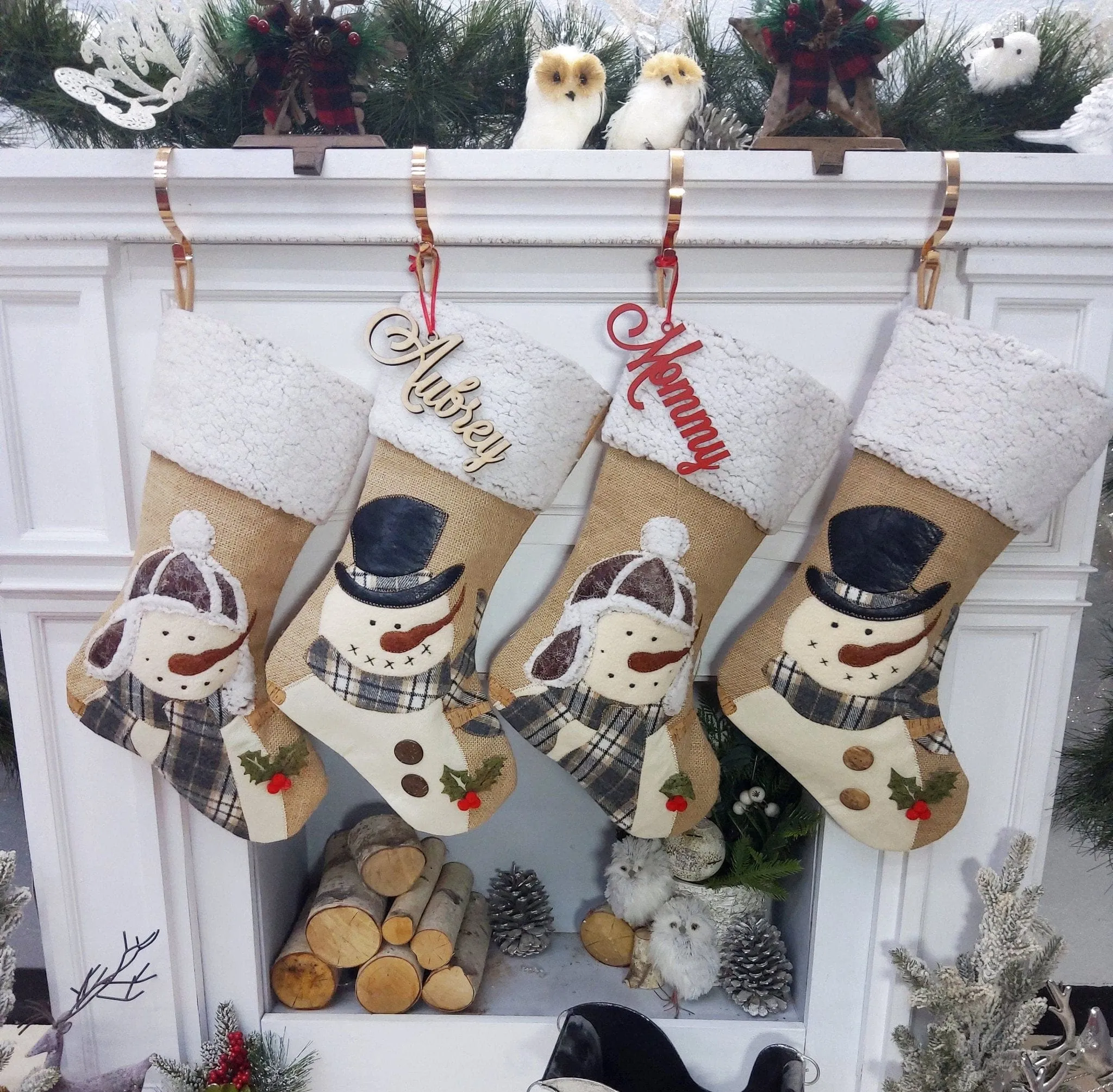 Snowman Burlap and Cozy Knit Stockings Personalized Embroidered or with Cutout Wood Name Tag Christmas Stockings Family Xmas