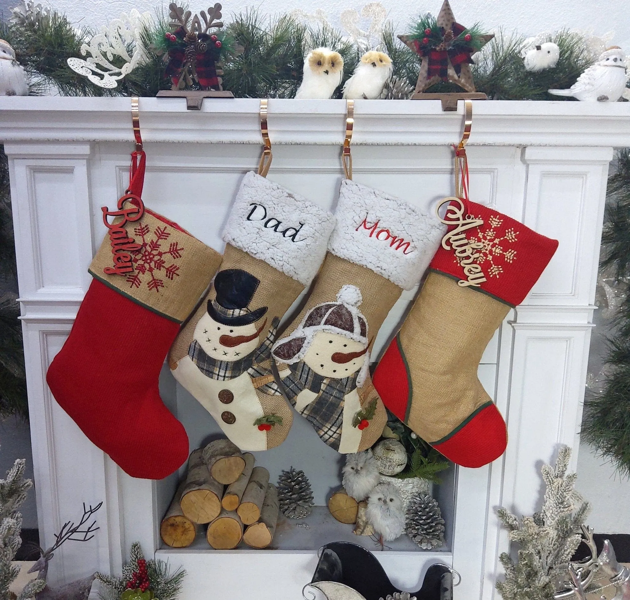 Snowman Burlap and Cozy Knit Stockings Personalized Embroidered or with Cutout Wood Name Tag Christmas Stockings Family Xmas