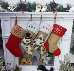 Snowman Burlap and Cozy Knit Stockings Personalized Embroidered or with Cutout Wood Name Tag Christmas Stockings Family Xmas