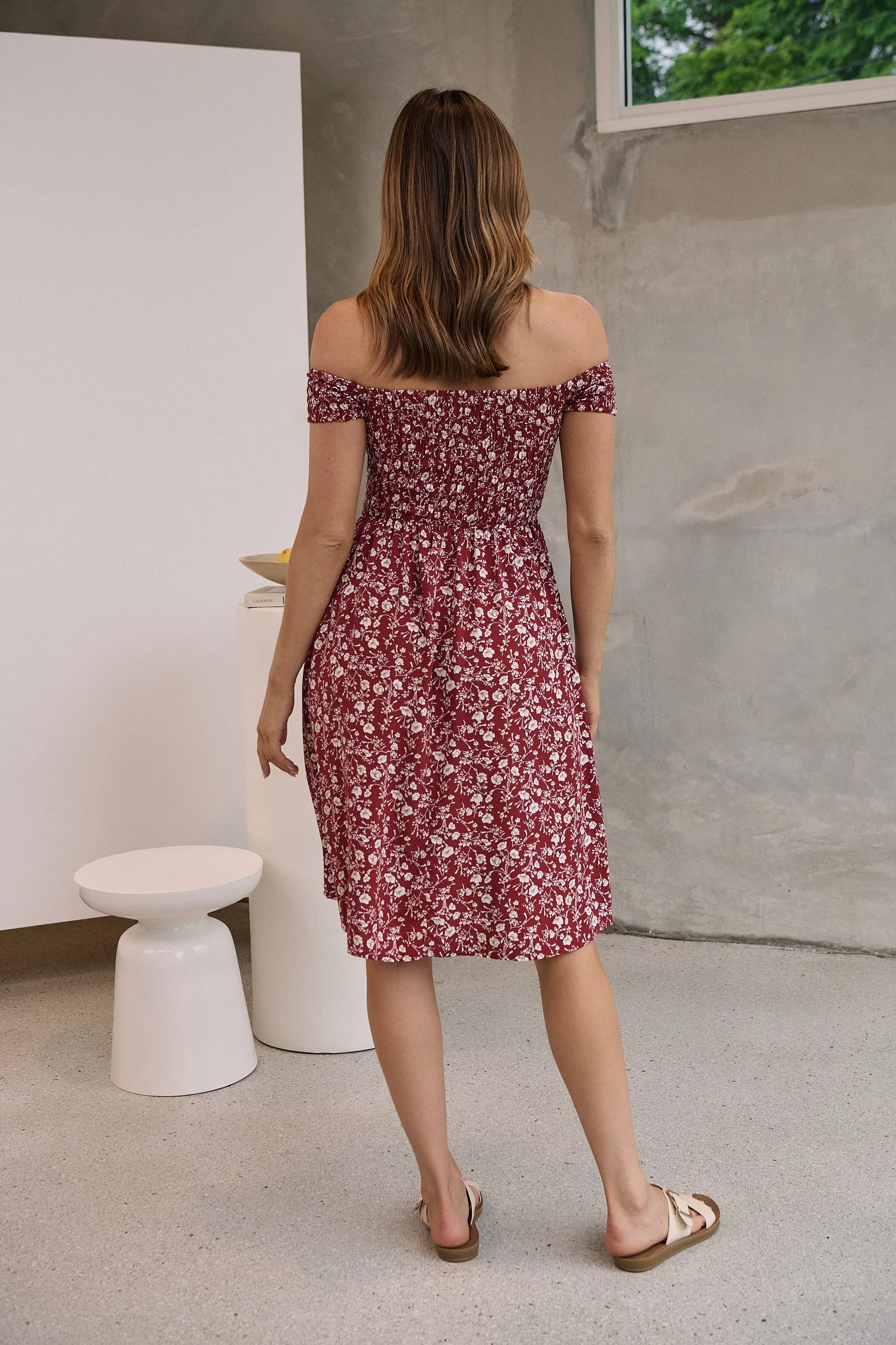 Soleil Shirred Red Floral Off Shoulder Midi Dress