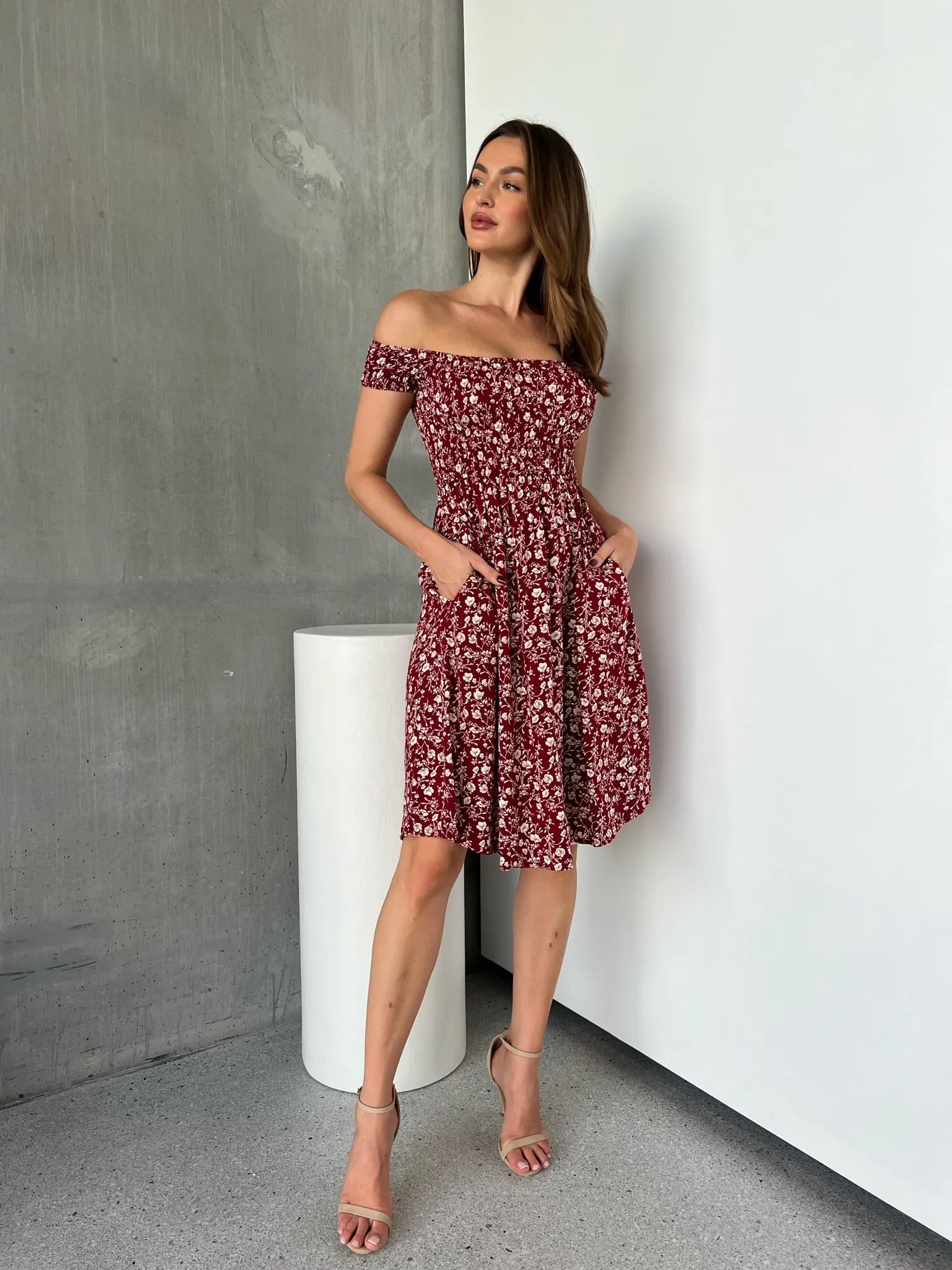 Soleil Shirred Red Floral Off Shoulder Midi Dress