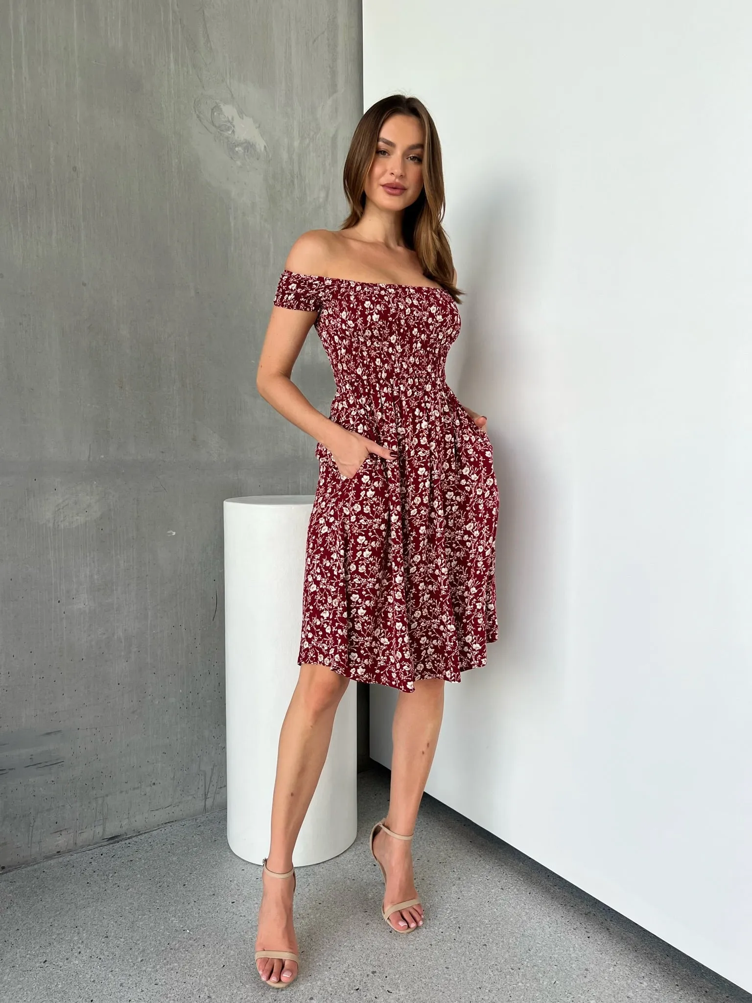 Soleil Shirred Red Floral Off Shoulder Midi Dress