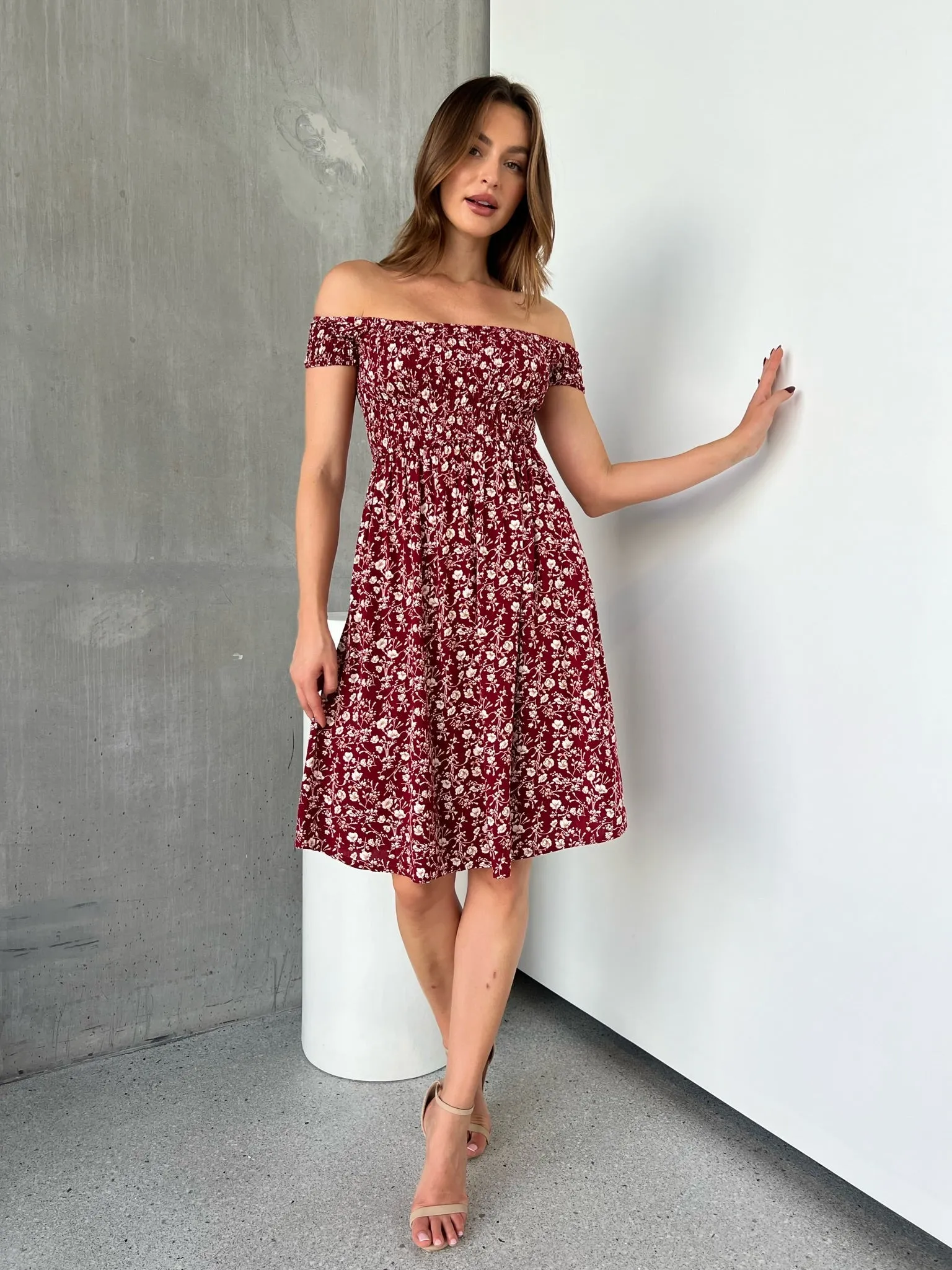 Soleil Shirred Red Floral Off Shoulder Midi Dress