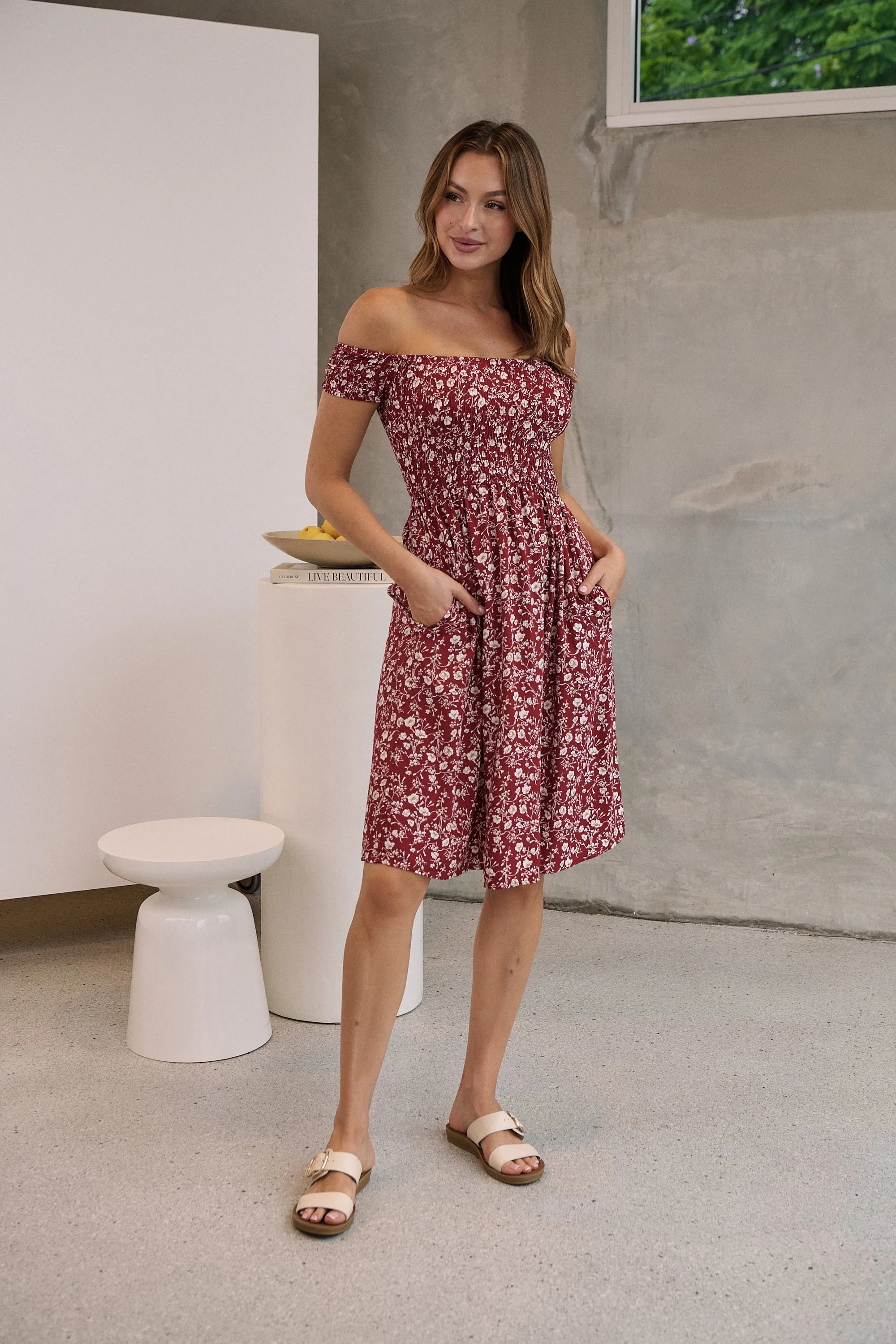 Soleil Shirred Red Floral Off Shoulder Midi Dress