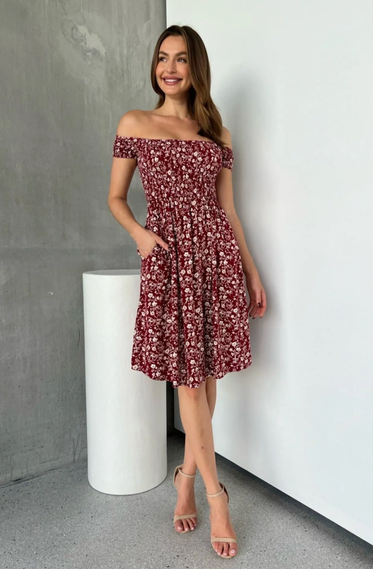 Soleil Shirred Red Floral Off Shoulder Midi Dress