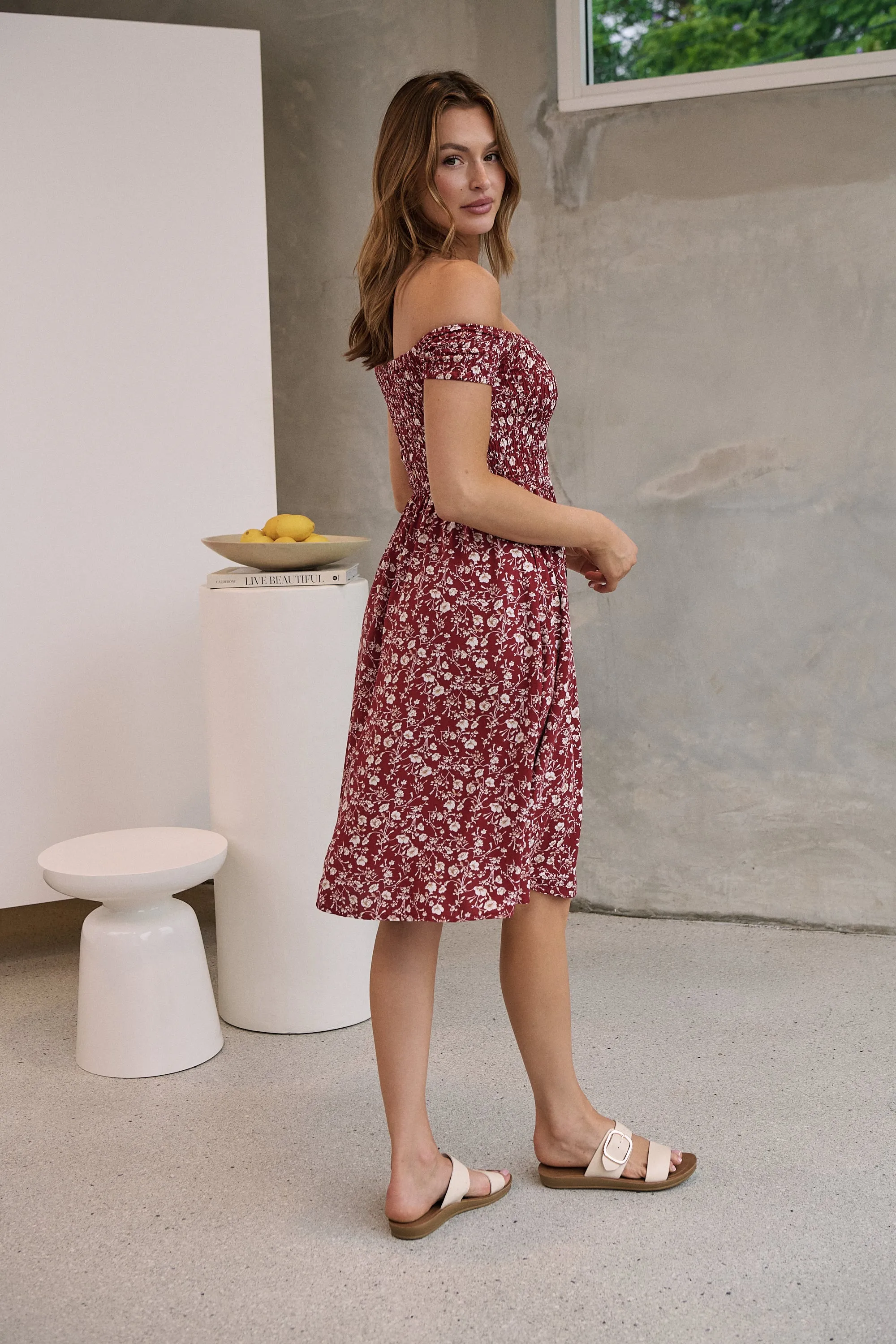 Soleil Shirred Red Floral Off Shoulder Midi Dress