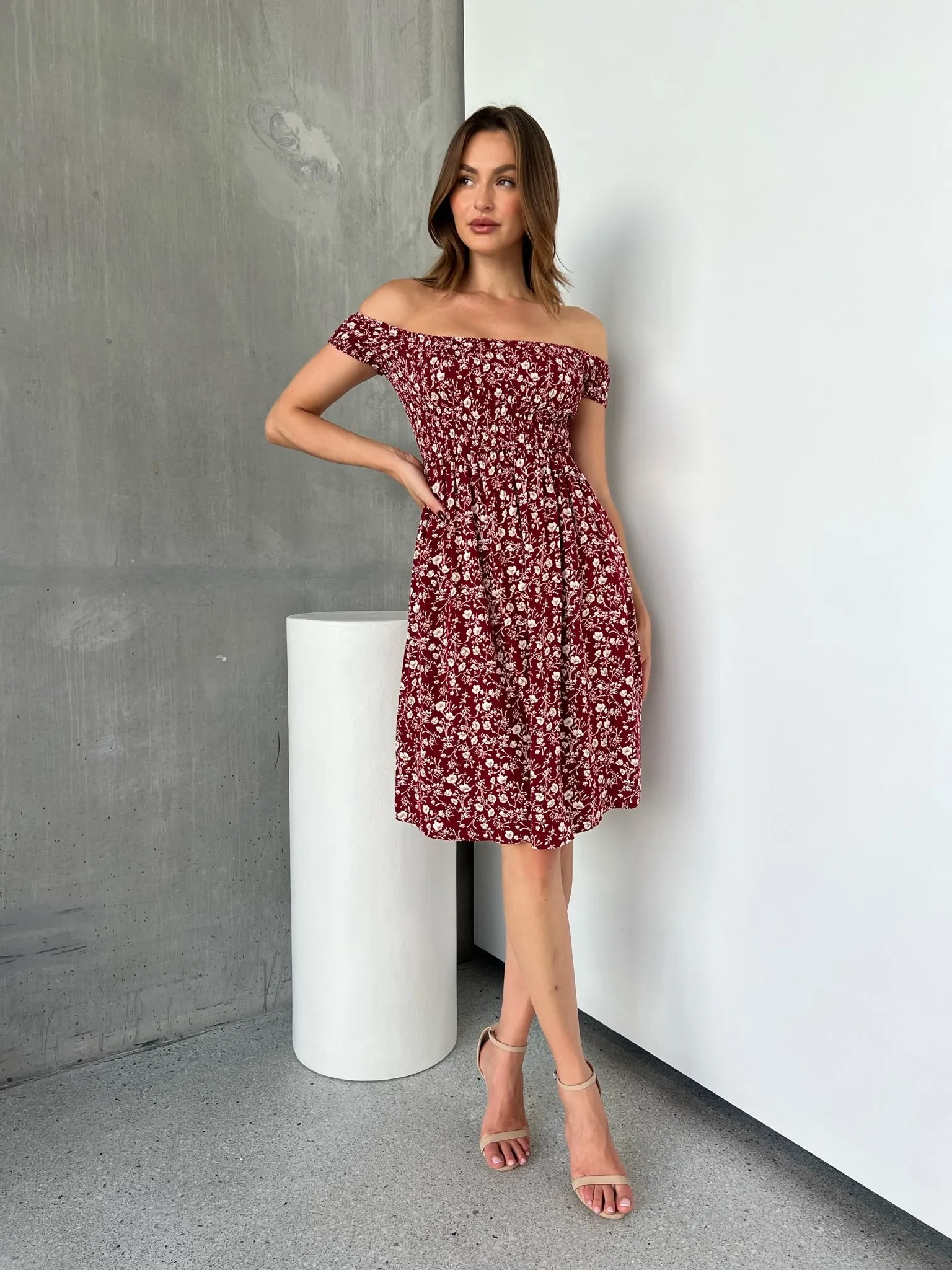 Soleil Shirred Red Floral Off Shoulder Midi Dress